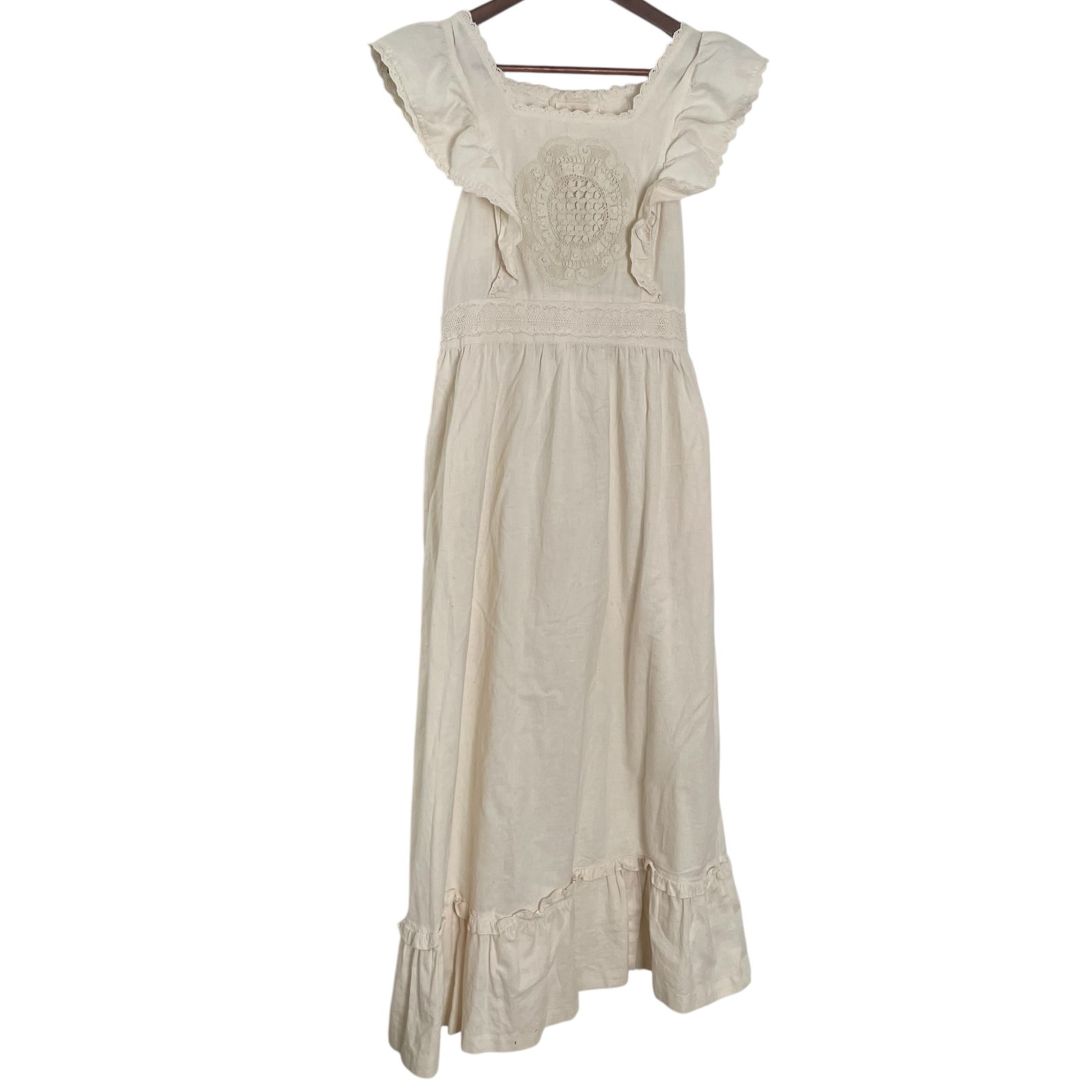 STUNNING Vintage 70s Apron Style Maxi Dress M Cream Lace Ruffle Trim Bohemian