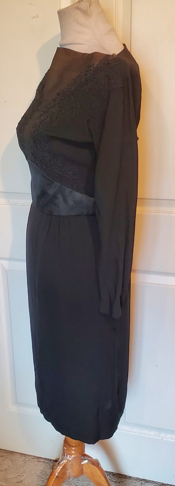 Vintage 50s 60s Black Rayon Illusion Dress Bramson Ribbon Trim B36