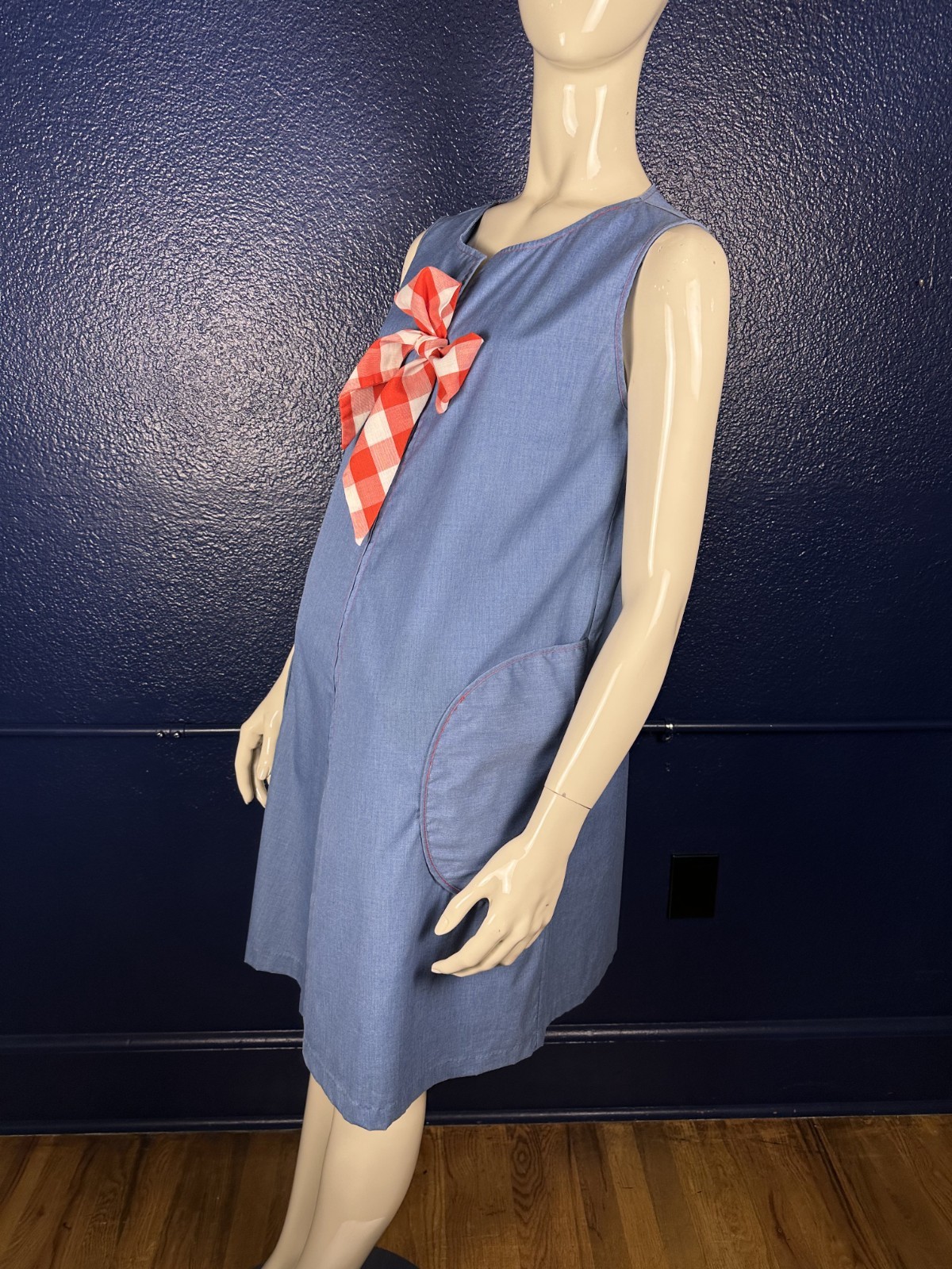 Vintage 1970’s GO-INS by DANVILLE Denim Blue Sleeveless House Dress Mod Bow