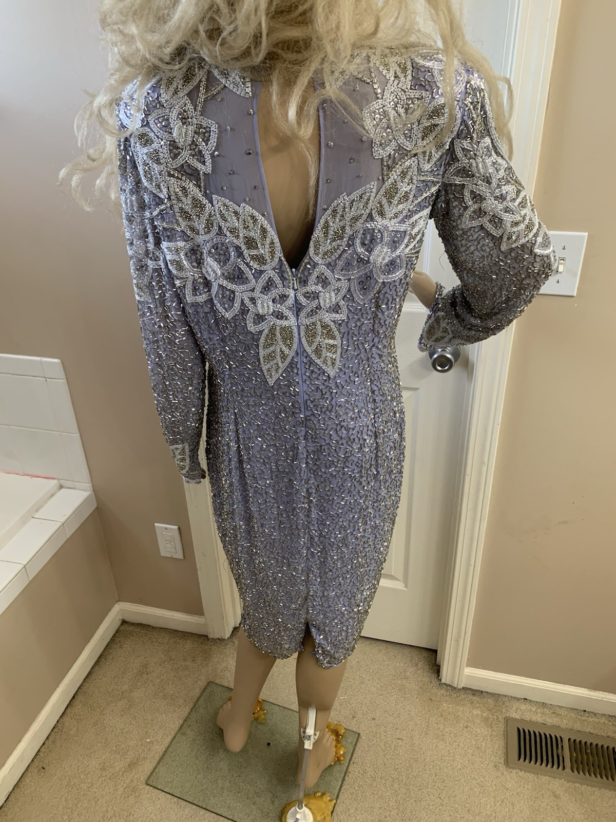 Vintage 80’s Lavender Purple Silver Sequin White Beaded Formal Church Dress