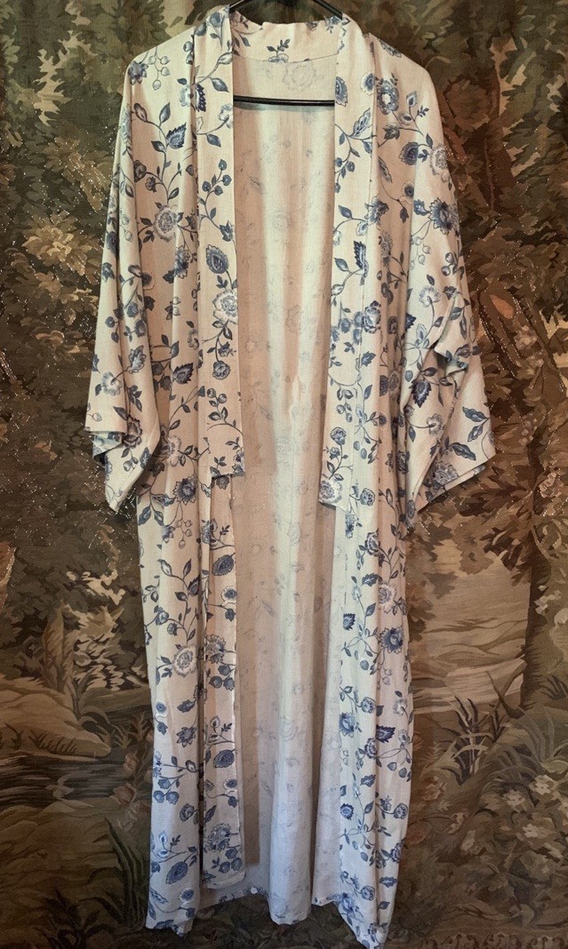 Vintage OOAK Linen Floral Maxi Full Length Kimono Wrap Robe Duster boho cottage