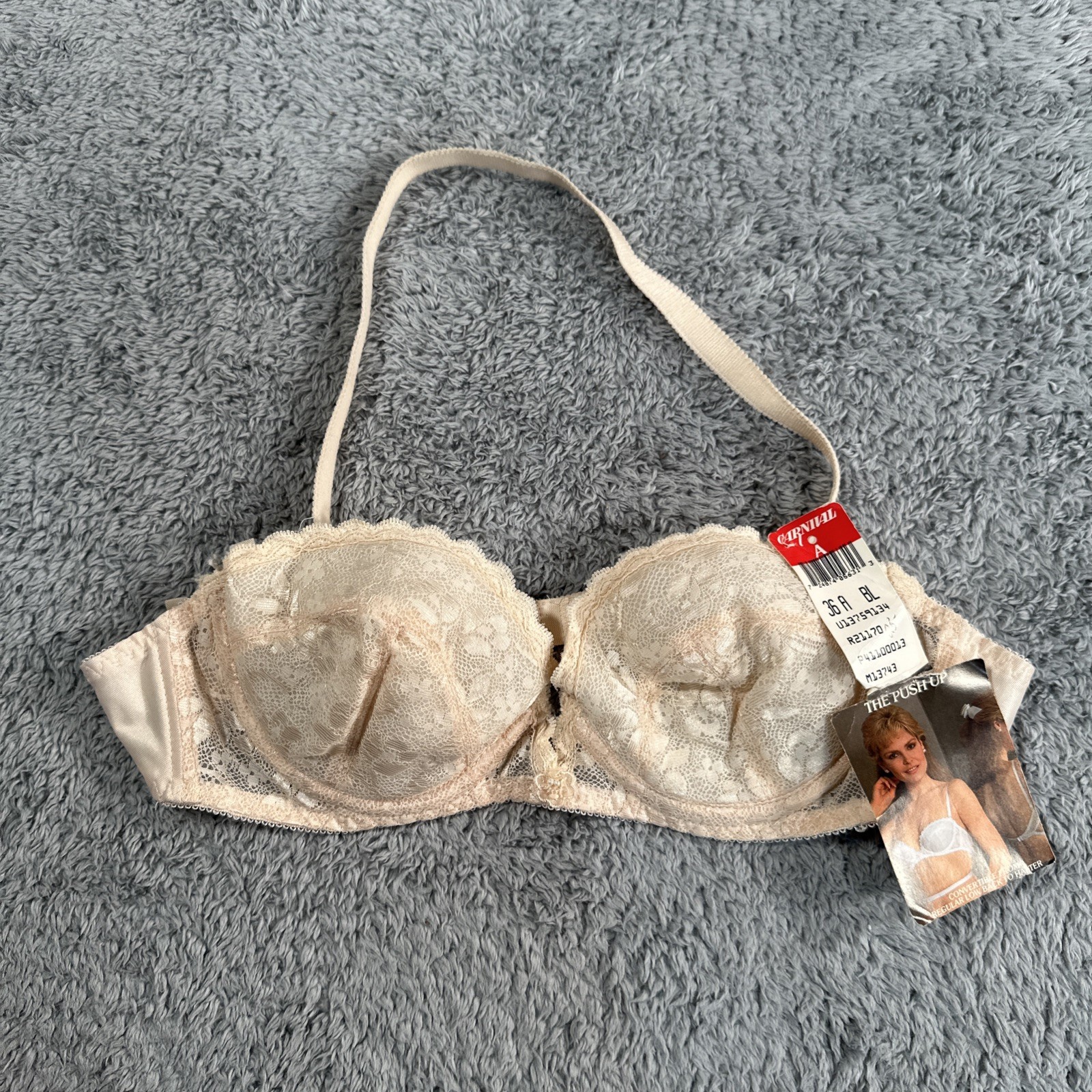 Vintage Carnival Bra – 36 A The Push Up Lace Nylon Beige 1970s Pearls