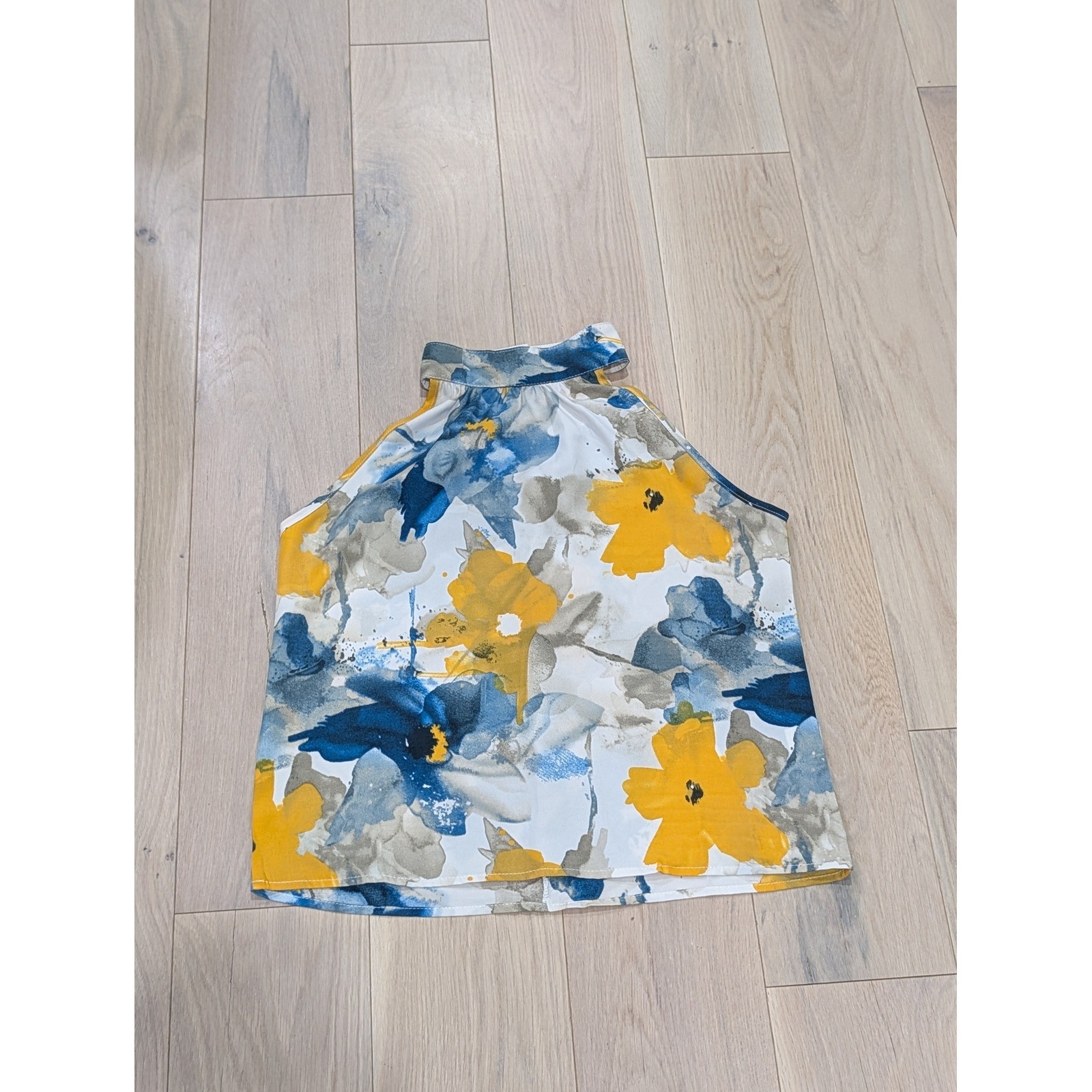 Watercolor Floral Halter Top Blue Yellow Abstract Print Women’s Small