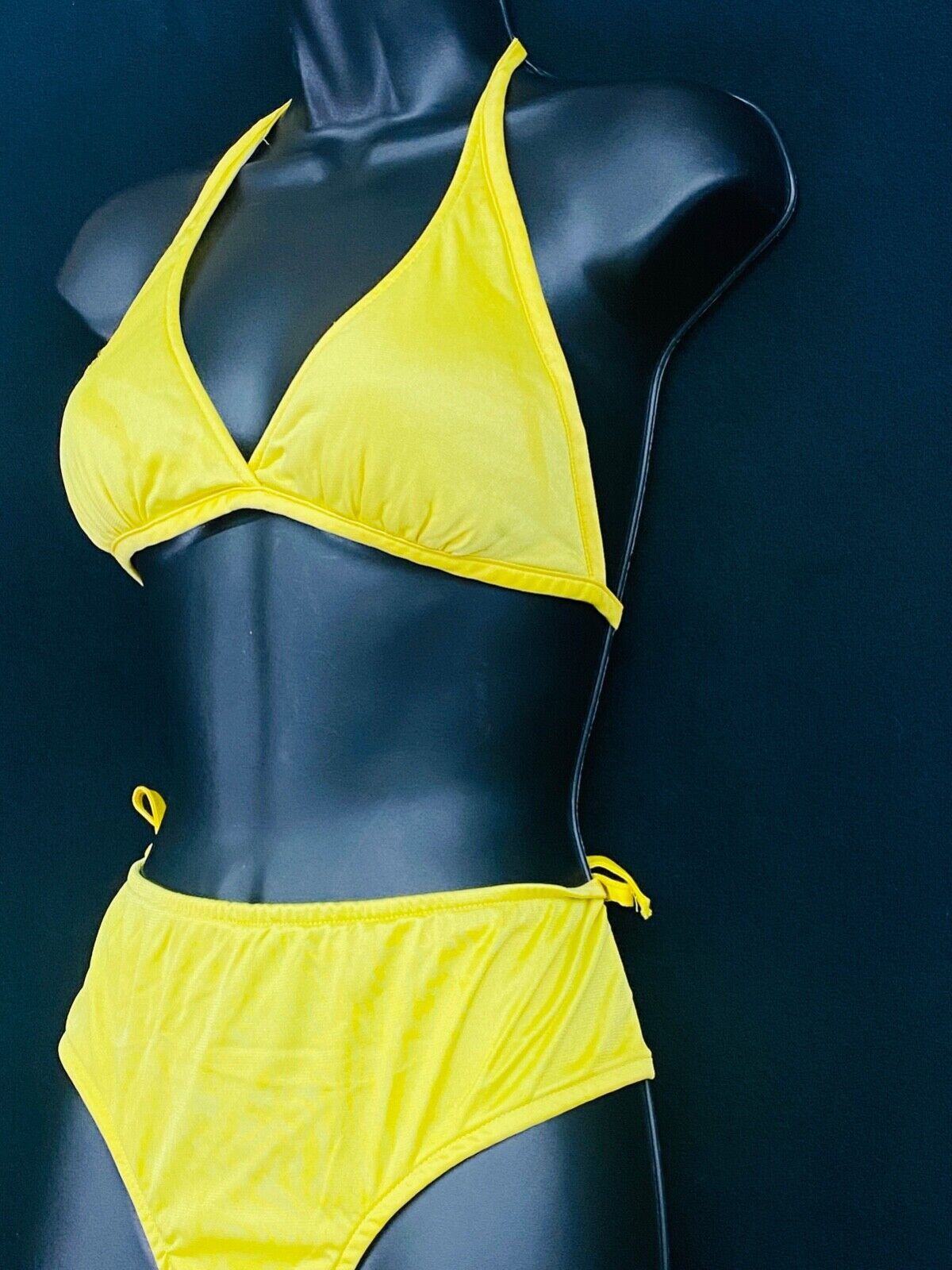 Vintage 1970s yellow string bikini swimsuit high waist halter heart cut out XS S