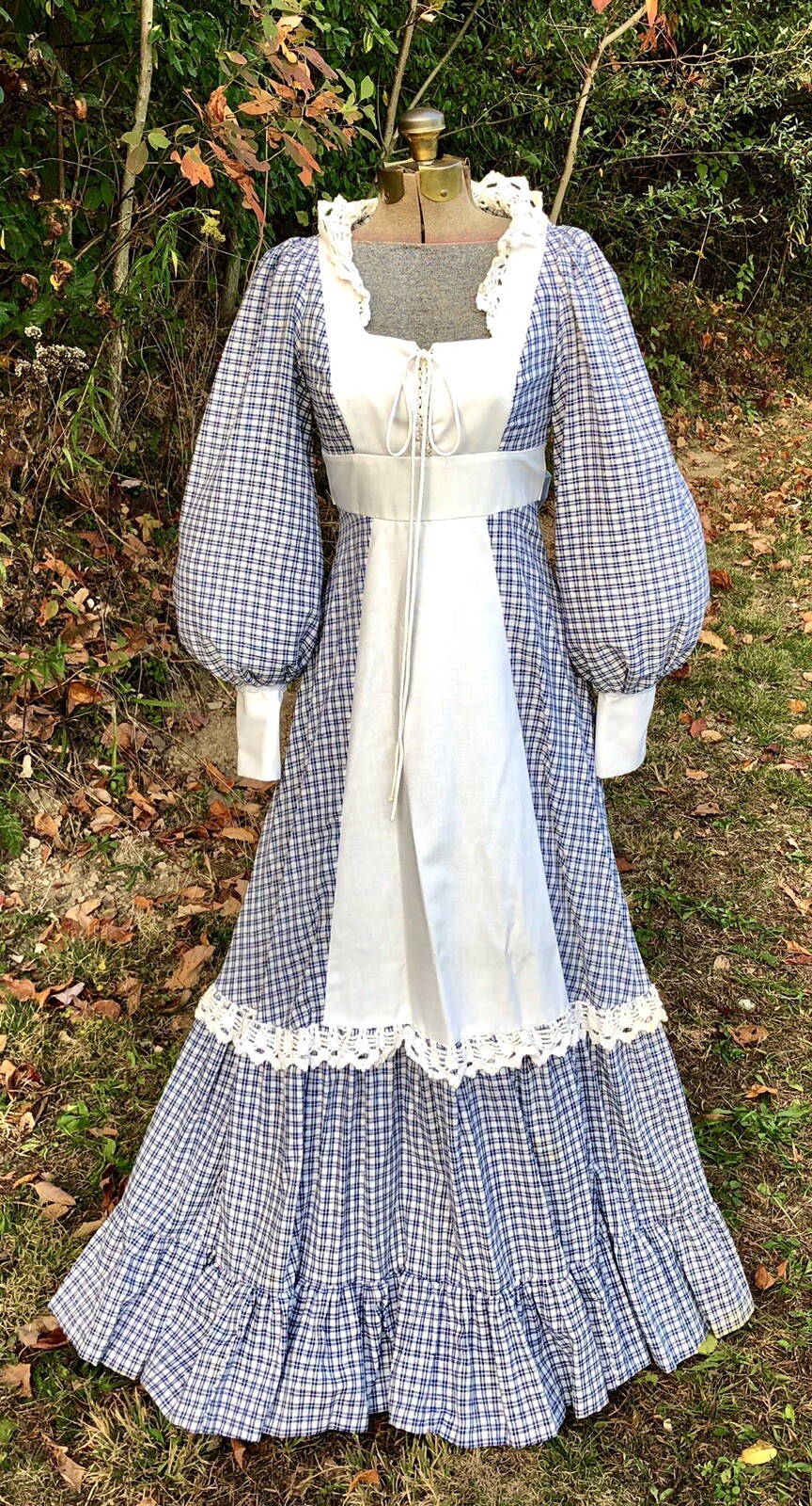 VTG 1970s GUNNE SAX Renaissance Revival GINGHAM JULIET MAXI-DRESS Lace-Up Bodice