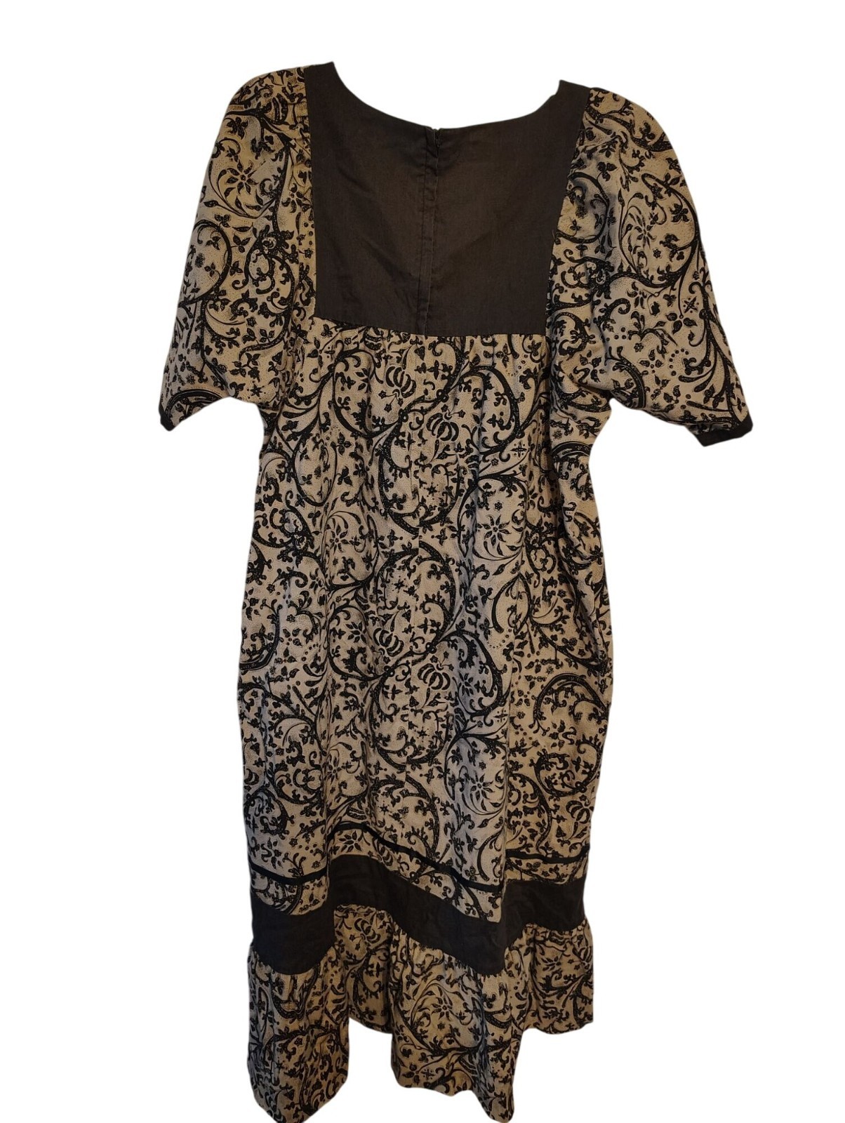 Vintage Carol Bennett Medium Hawaii Dress, Muumuu Taupe Black Abstract Pasiley