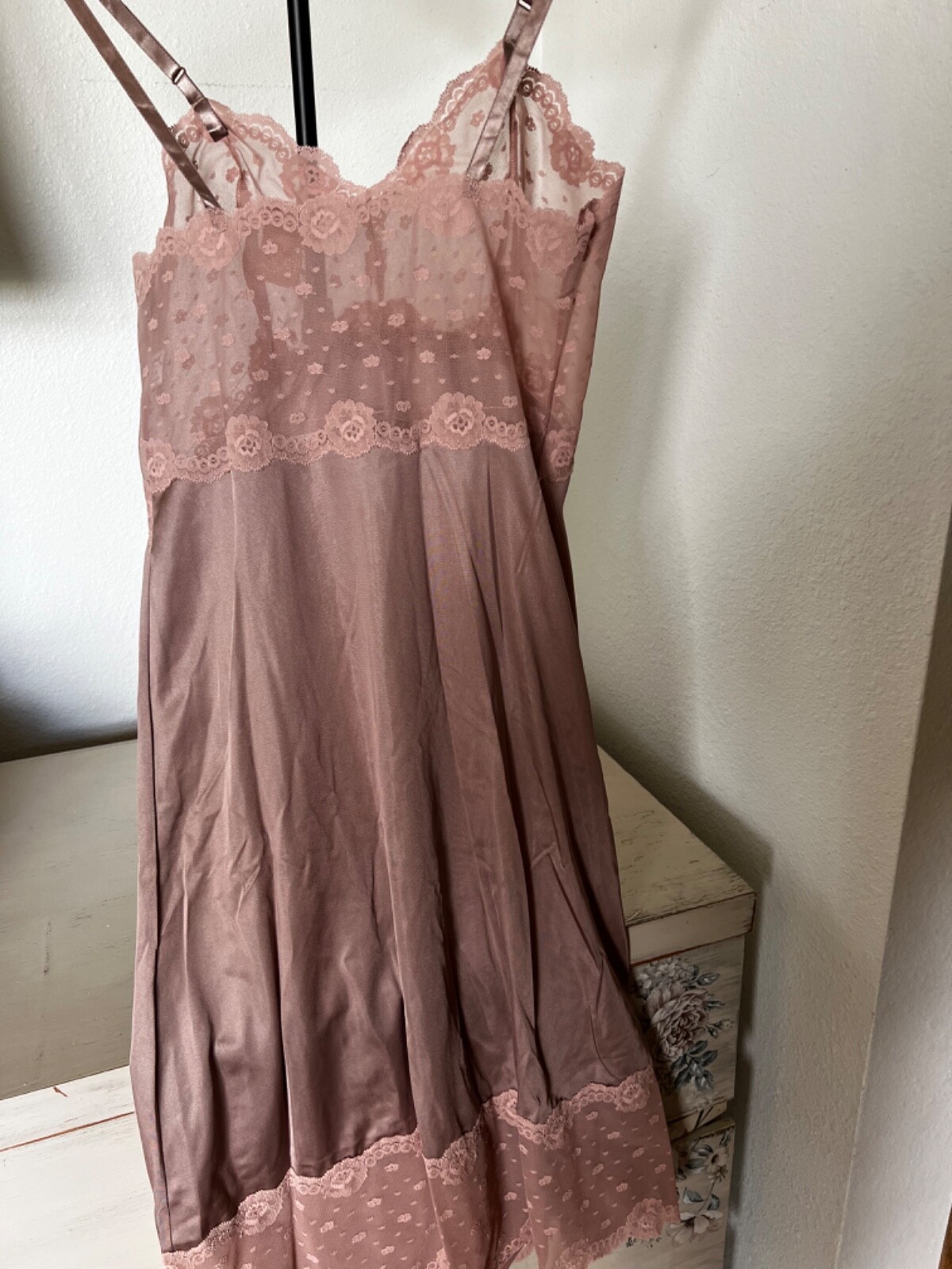 vintage NOS Lorraine lacy full slip dress NWT size 32 Tall mocha color