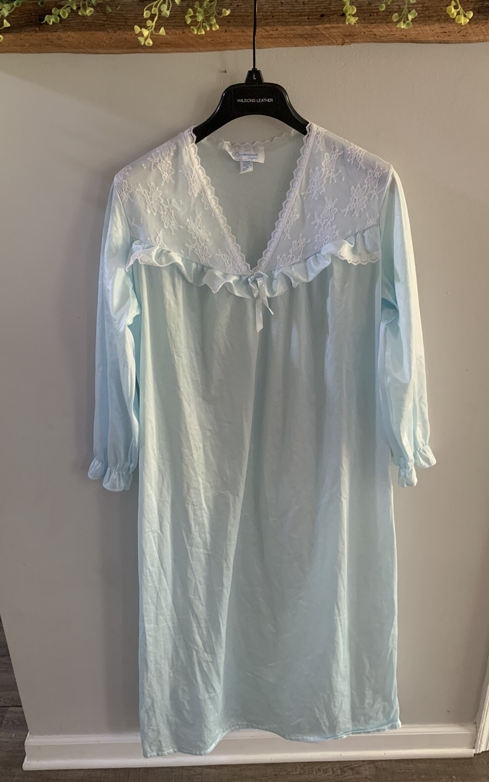 Vintage Nightgown Dreamwear Satin Blue with Lace Long Sleeve Medium