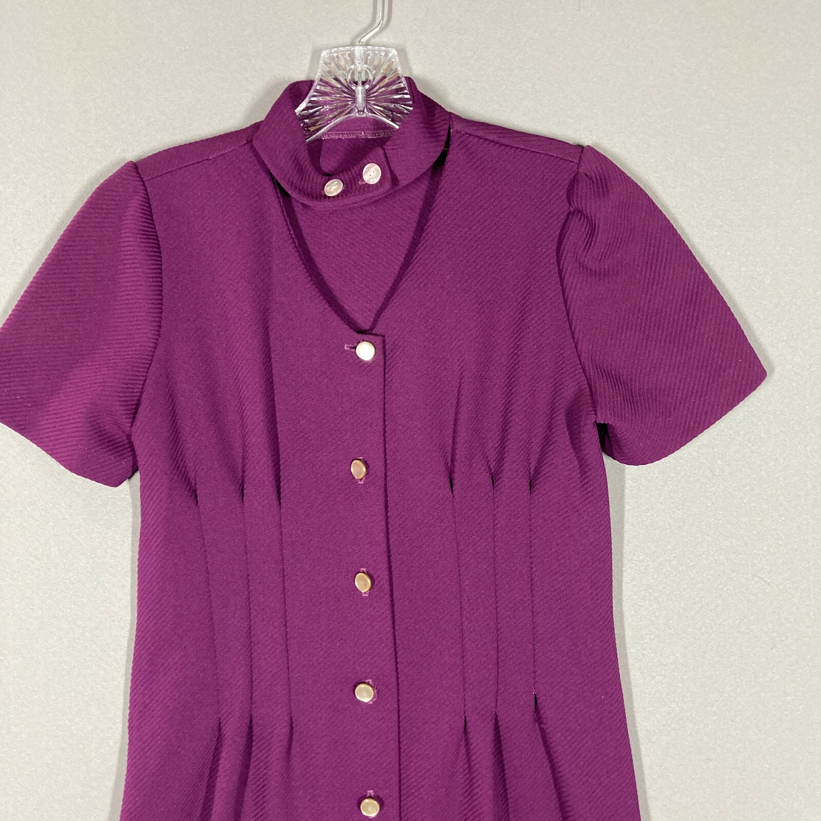 True Vintage Ladies Dress 60s Vibrant Purple Button Choker Collar Mini 31″W S/M