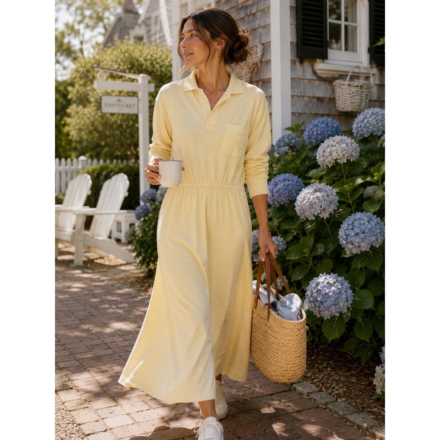 VINTAGE 80s Ralph Lauren Polo MAXI Dress Women L Yellow Long Sleeve Cotton