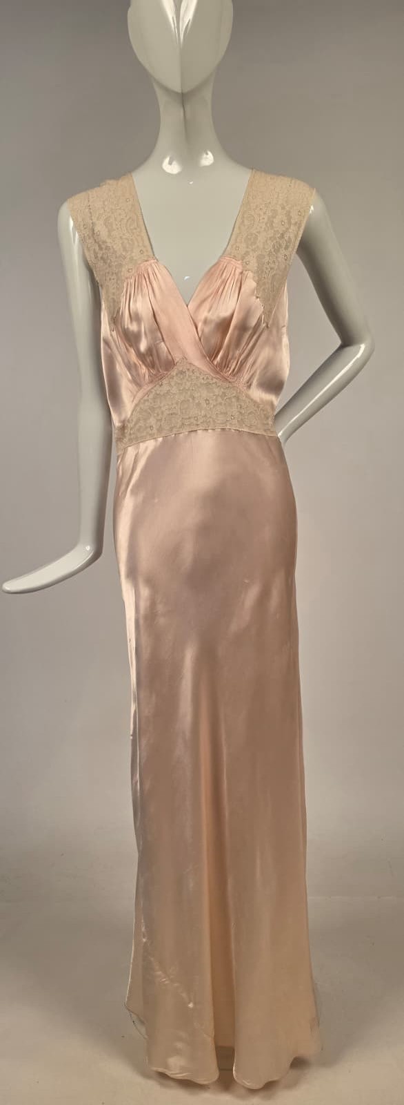 1930’S SATIN + LACE LONG SLIPP DRESS W CROSSOVER FRONT