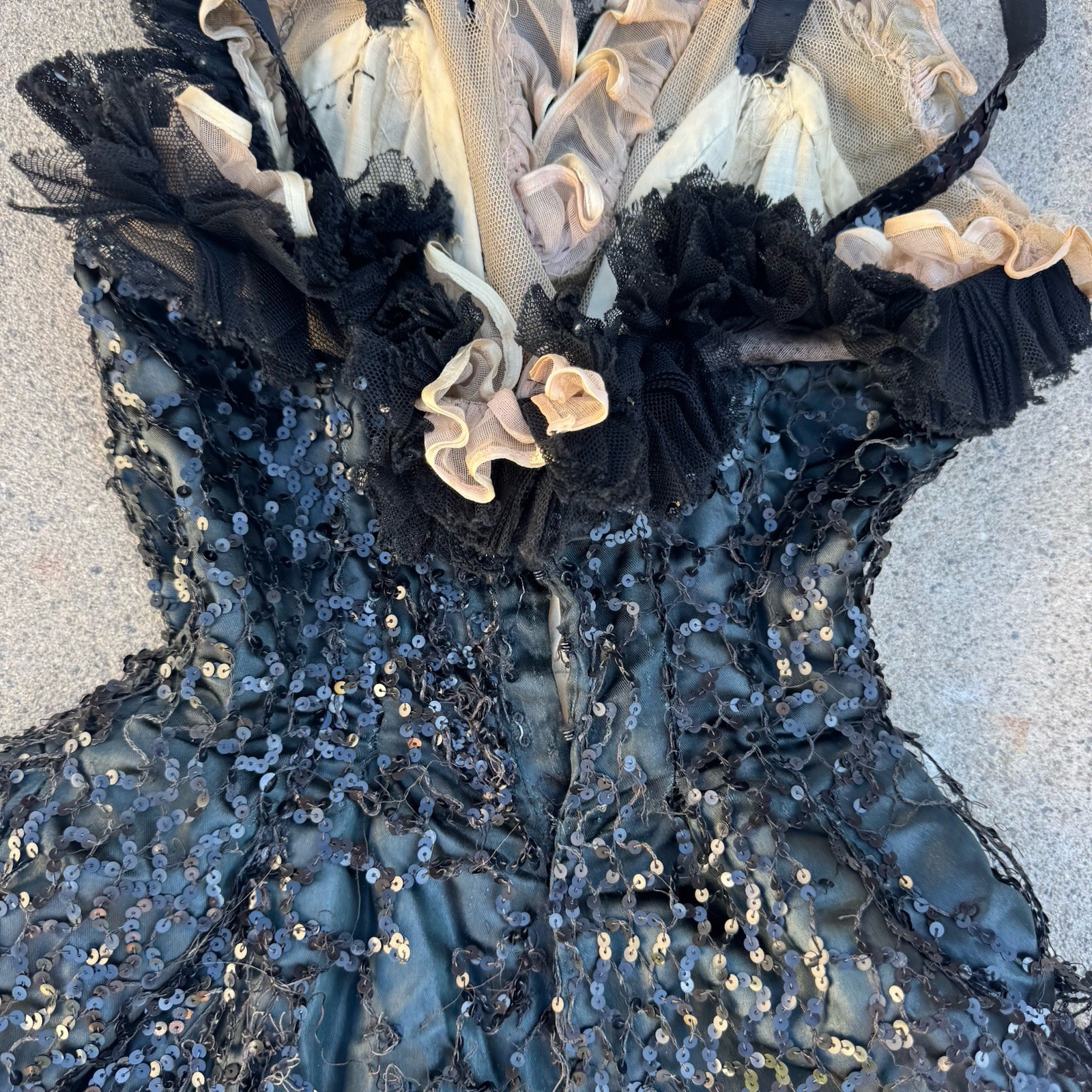 Vintage 1930s Sequin, Satin & Ruffle Paramount Showgirl Dress Burlesque Corset