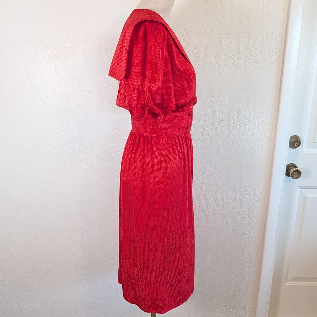 Vintage 80s Red Silk Dress Wrap Bodice Puff Sleeve Midi Cummerbund Waist