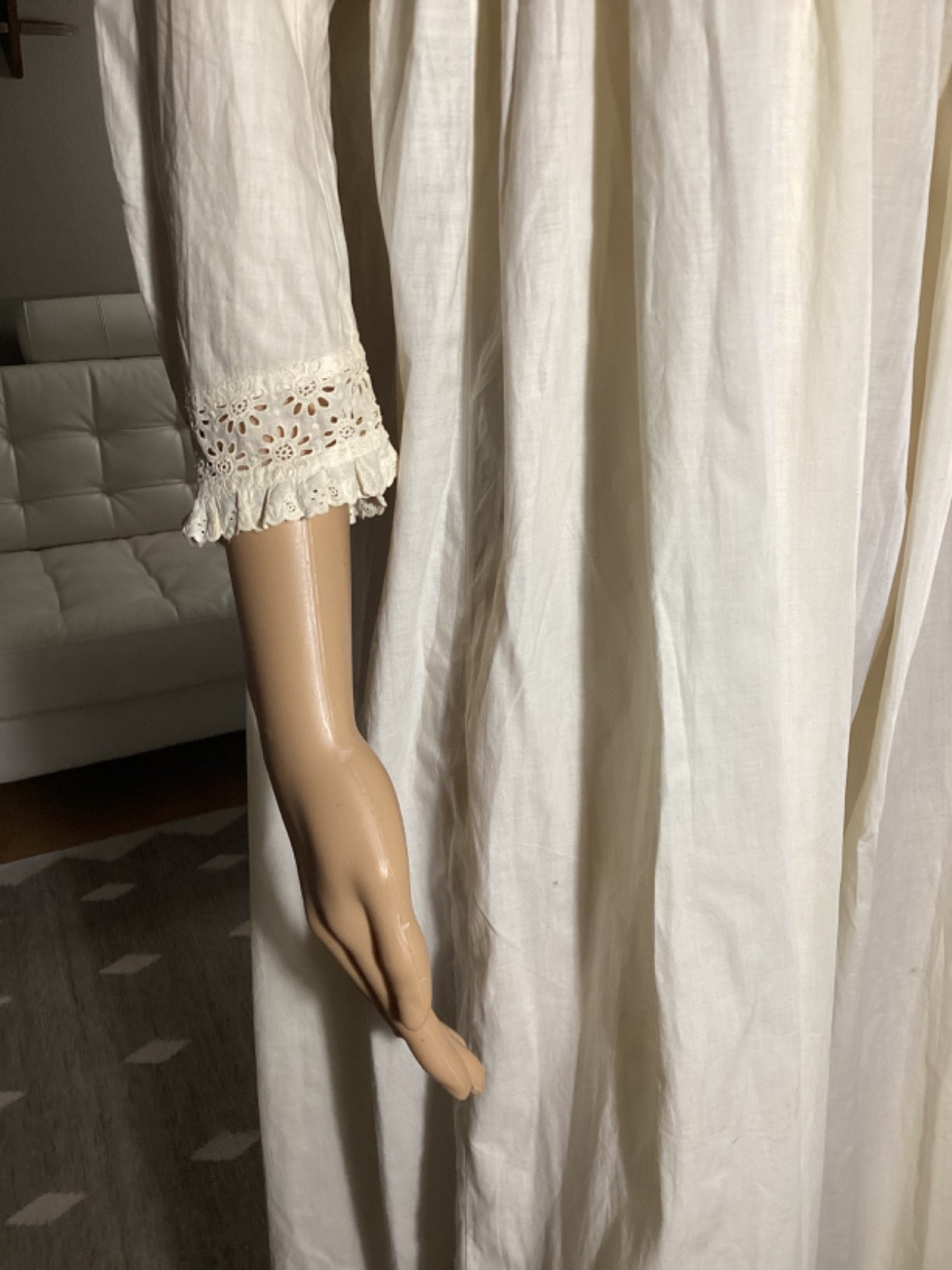 Antique Victorian Edwardian Cotton Eyelet Lace Long Nightgown Glass Buttons