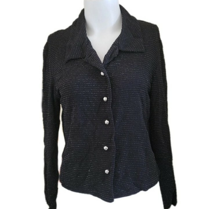 Miss Dorby Womens Small Button Up Top Black Shimmer Diva Glam Vintage