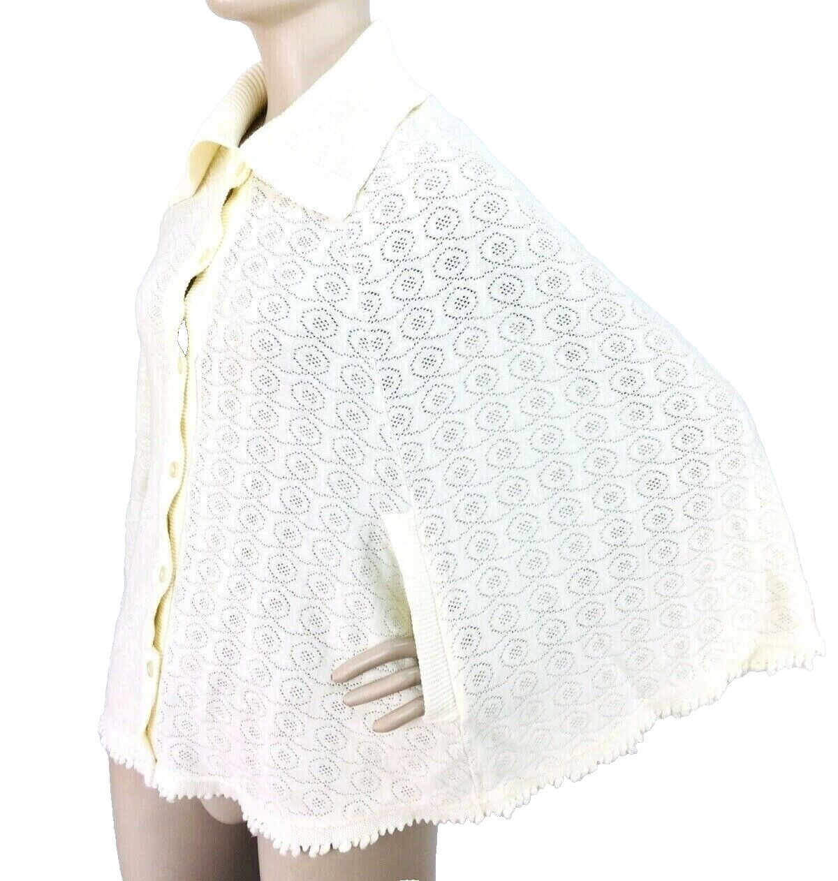 70s Vintage Ivory Crochet Knit Button-Down Poncho Cape Shawl Sweater