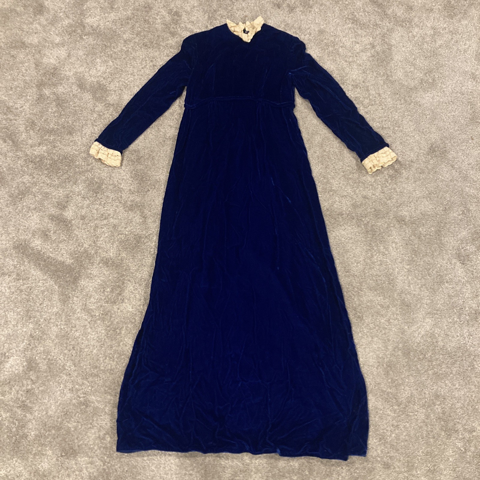 VTG Lorrie Deb Blue Royal Velvet Dress Prairie Pioneer Dress Empire Waist 11/12