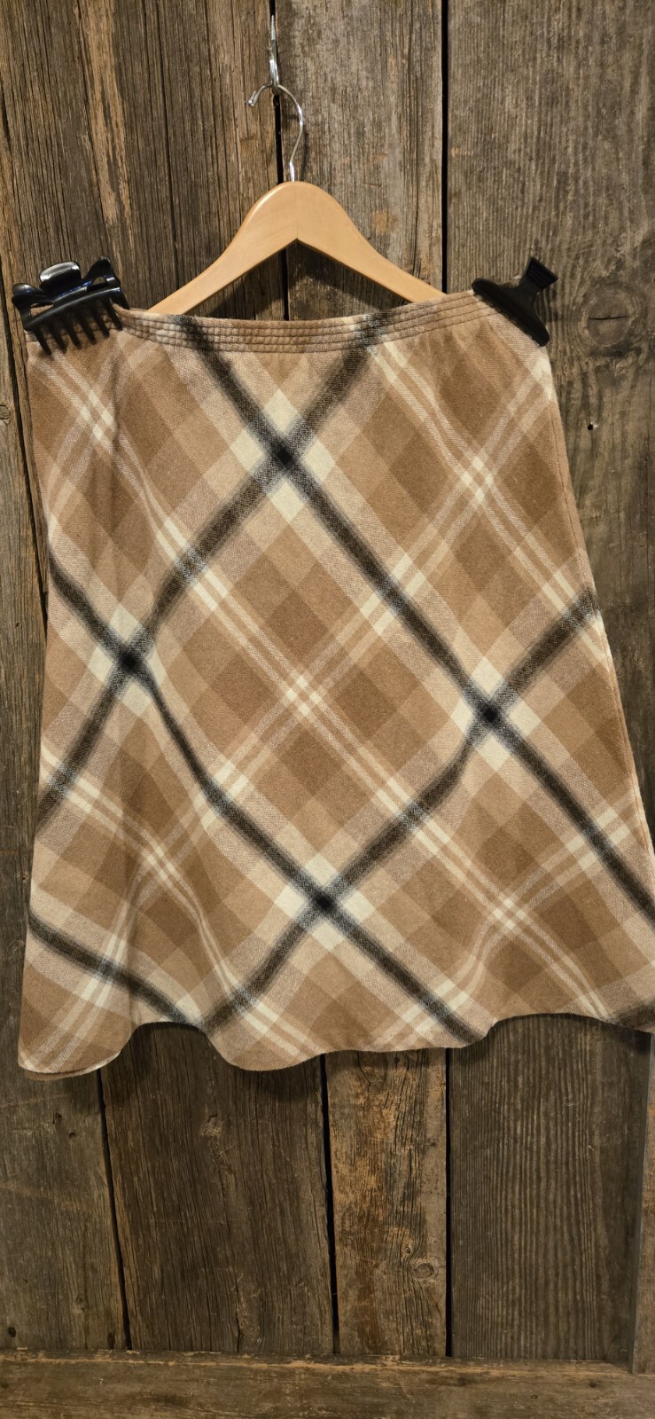 Vintage 80’s Punch Line Skirt Plaid Tan Cream Black Plaid Midi 34-36″ Waist