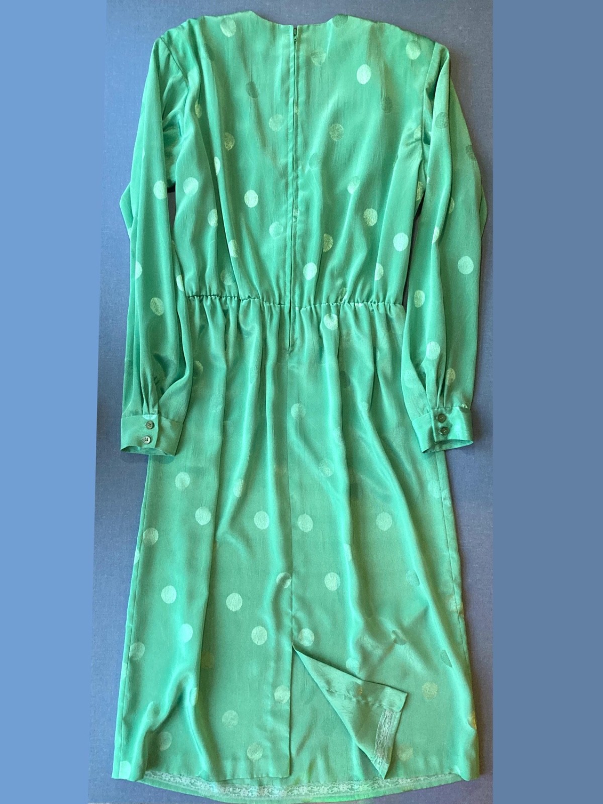 Vintage 80s Polka Dot Secretary Midi Dress, Green, Small, 39″ Chest