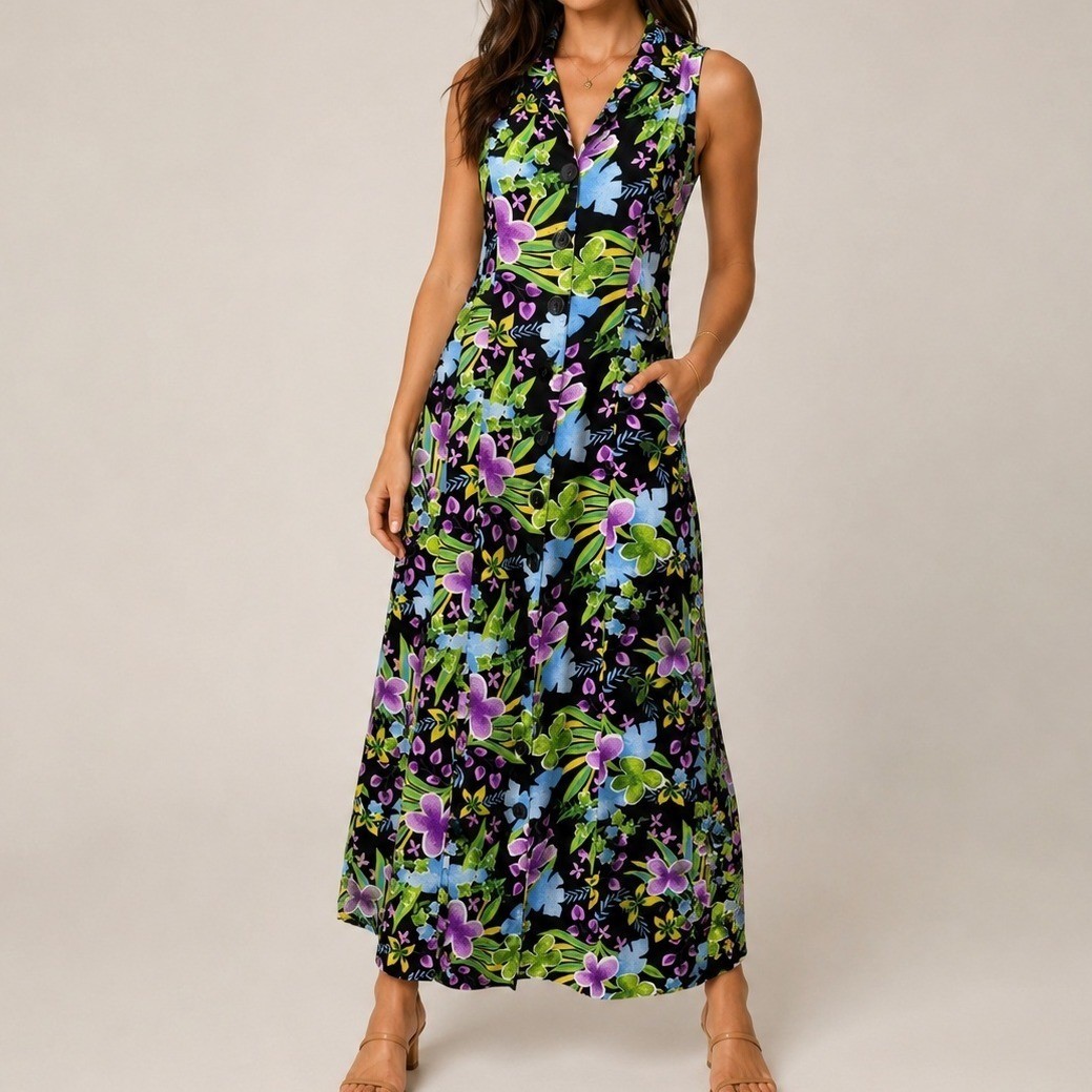 Notations Tropical Floral Rayon Halter Maxi Dress Y2K Resort Tiki Size 6
