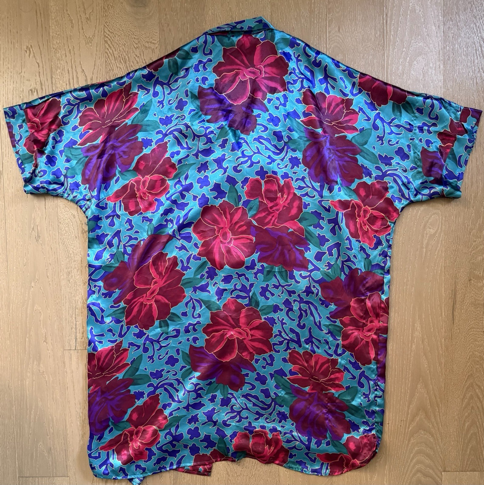 Vintage Intimate Pleasures Floral Satin Robe Lounge 22/24 Teal Pink Button Up