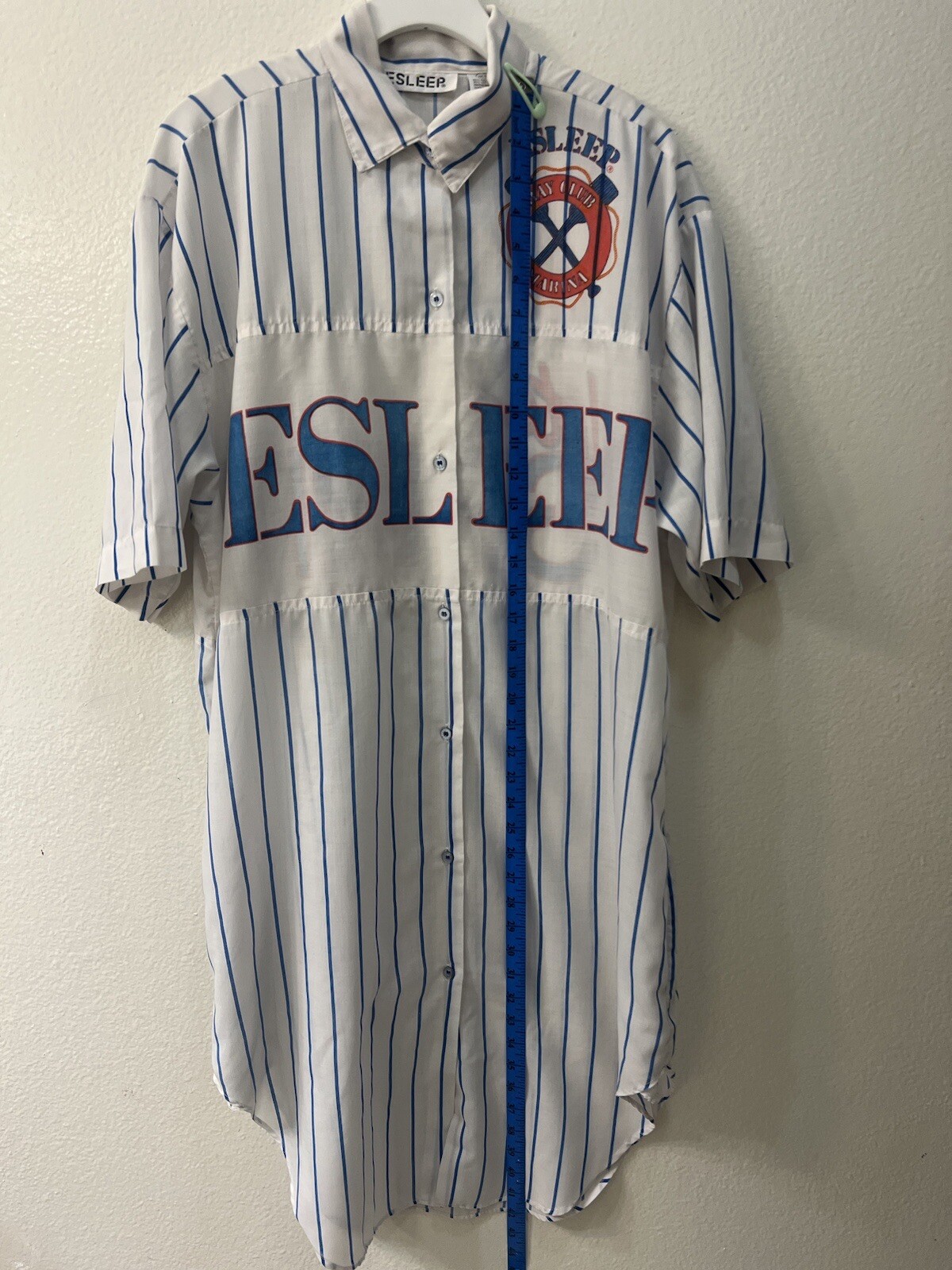 ESLEEP Bay Club Marina Blue Striped Button Up Pajama Shirt Womens One Size.