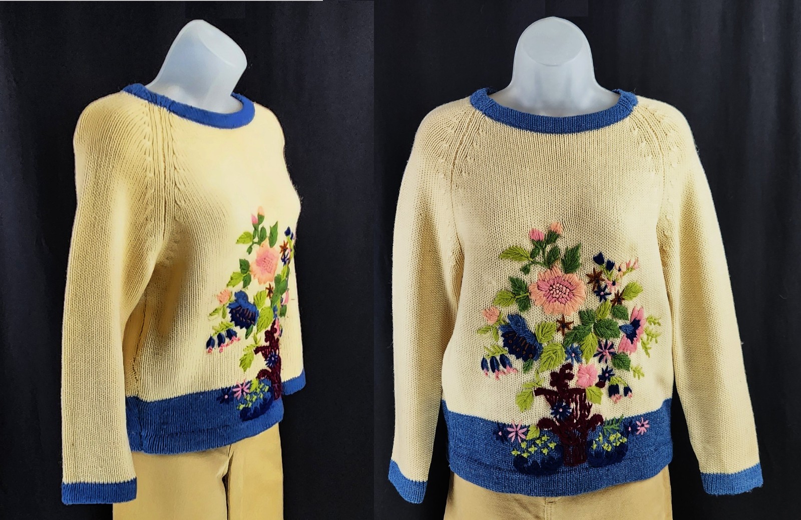 VTG 1960s floral novelty sweater – 100% wool-fully-fashioned-hand-decorated