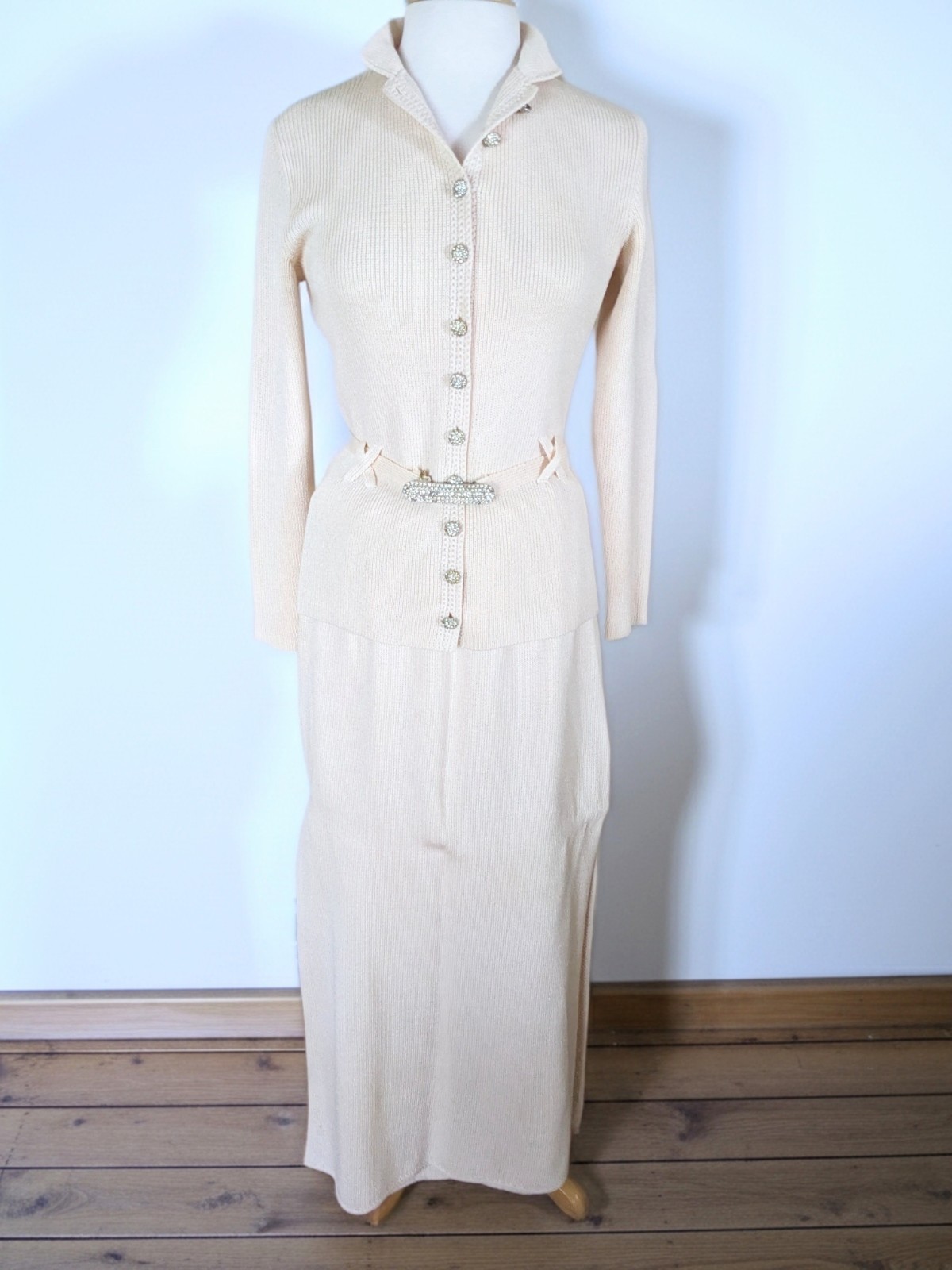 Vintage 80s St John Knits Lillie Rubin Cream Rhinestone Maxi Dress Set