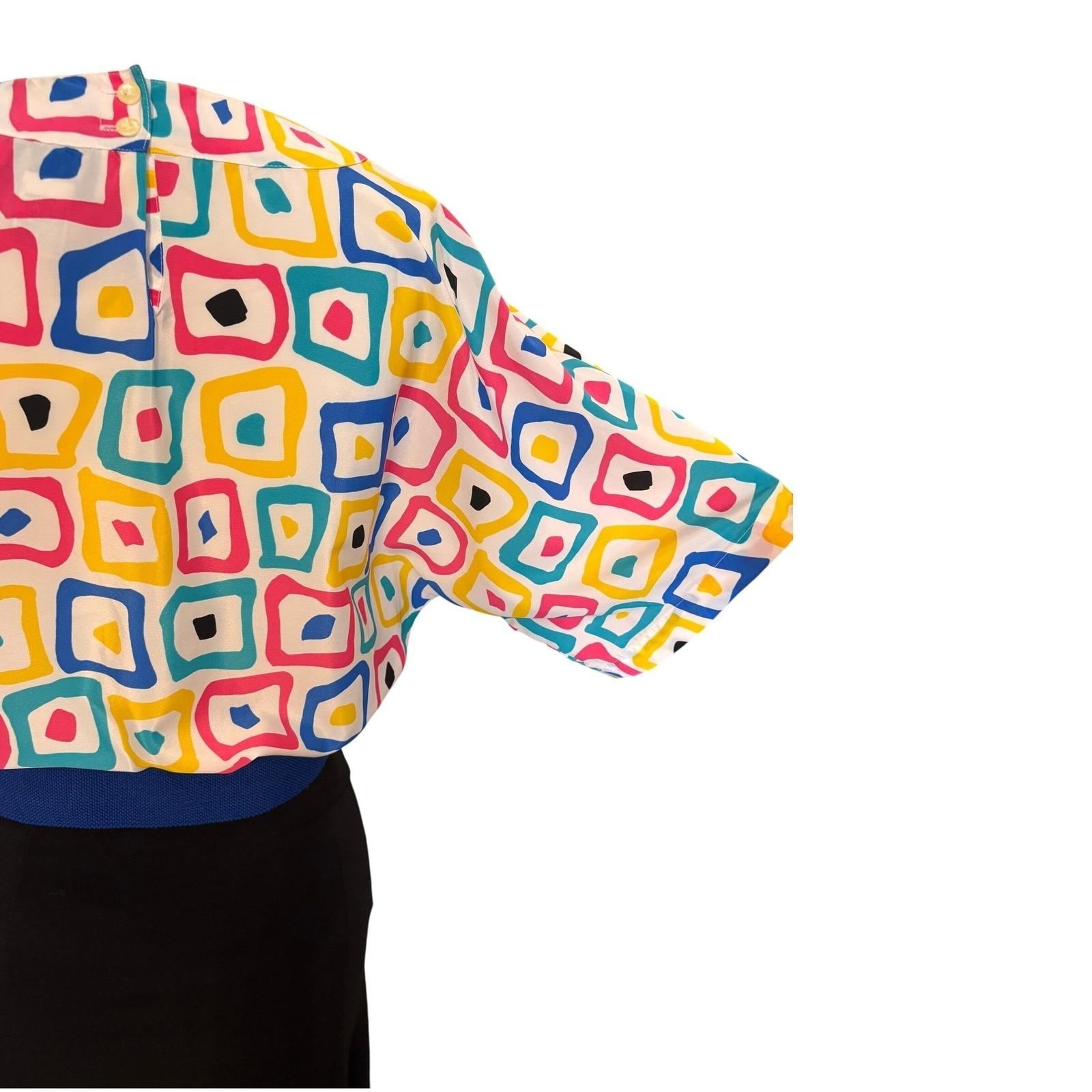 Geometric Square Print Blouse Women M Multi-Color 80s Retro Top Vintage