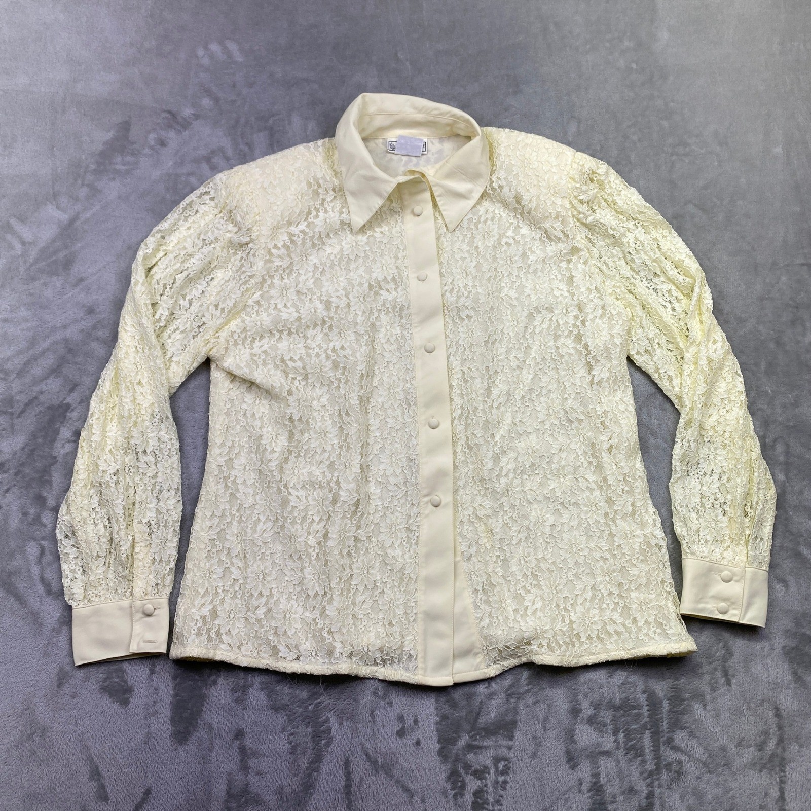Evan-Picone Vintage Cream Floral Lace Button Up Blouse Size 14 Ivory Long Sleeve