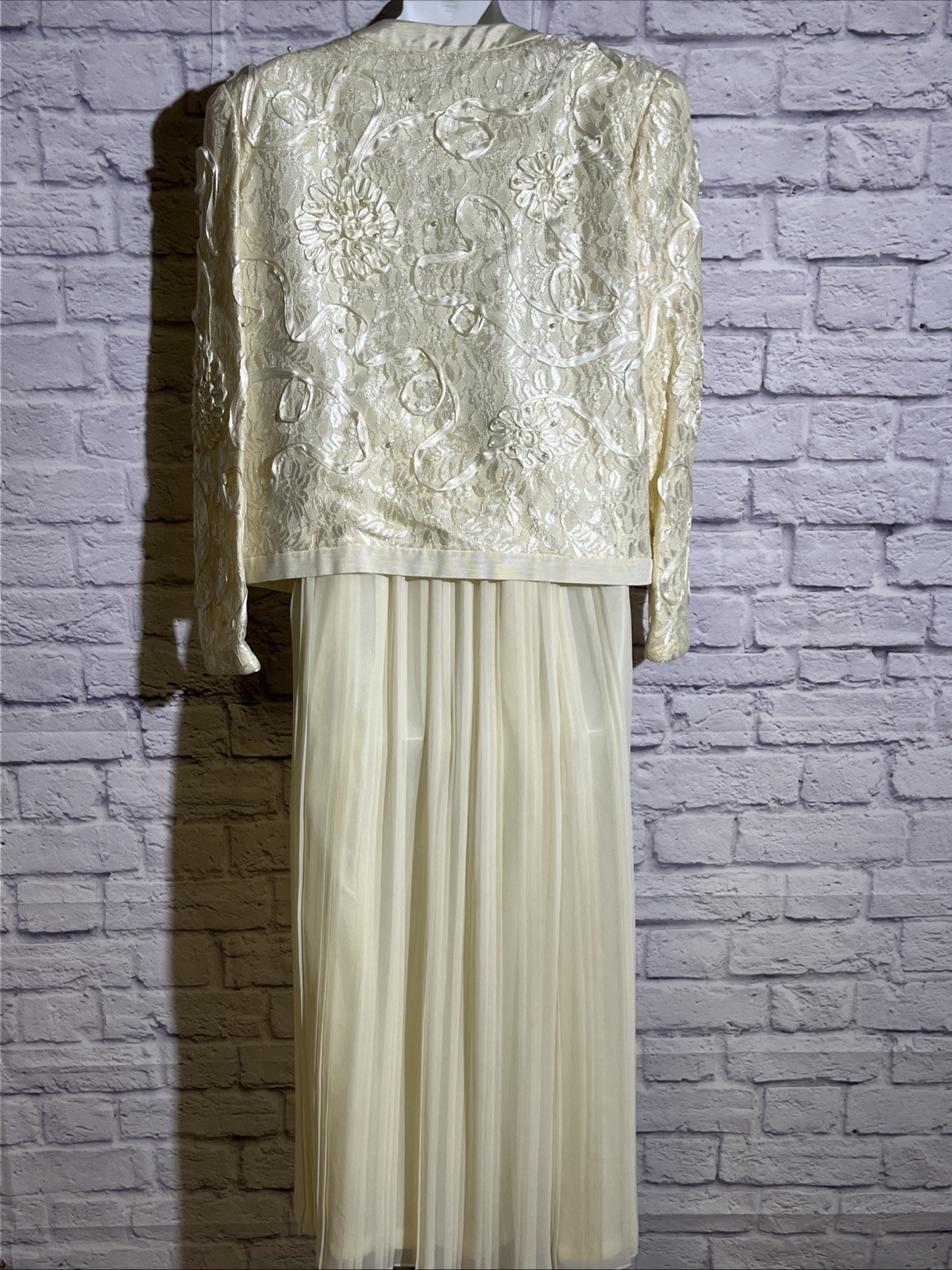 Vintage Nuit Union Made Cream Embroidered Pleated Evening Skirt Jacket Sz 12