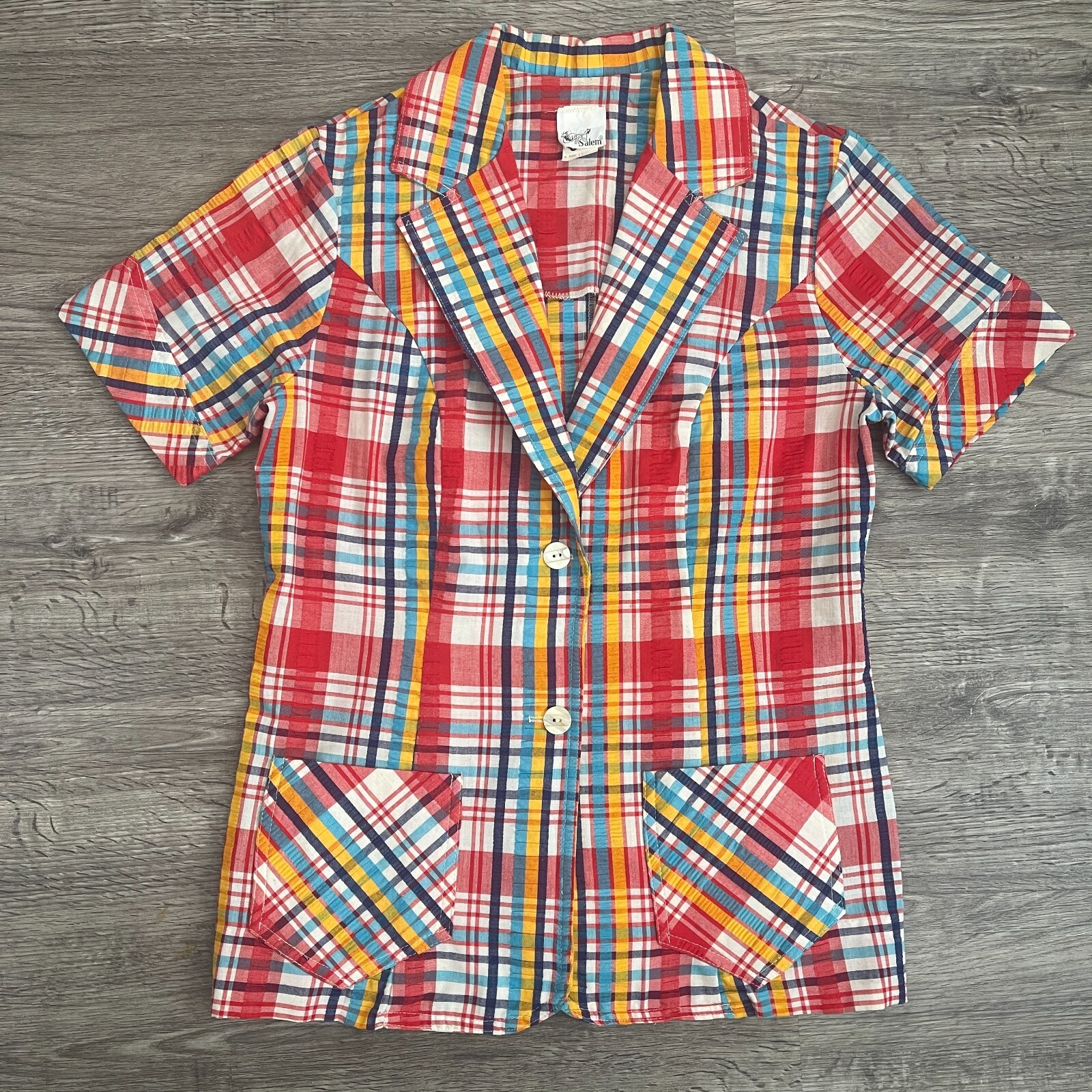 Vintage Retro 70s 80s Salem Red Teal Navy Yellow Plaid S/S Casual Top Sz 13/14