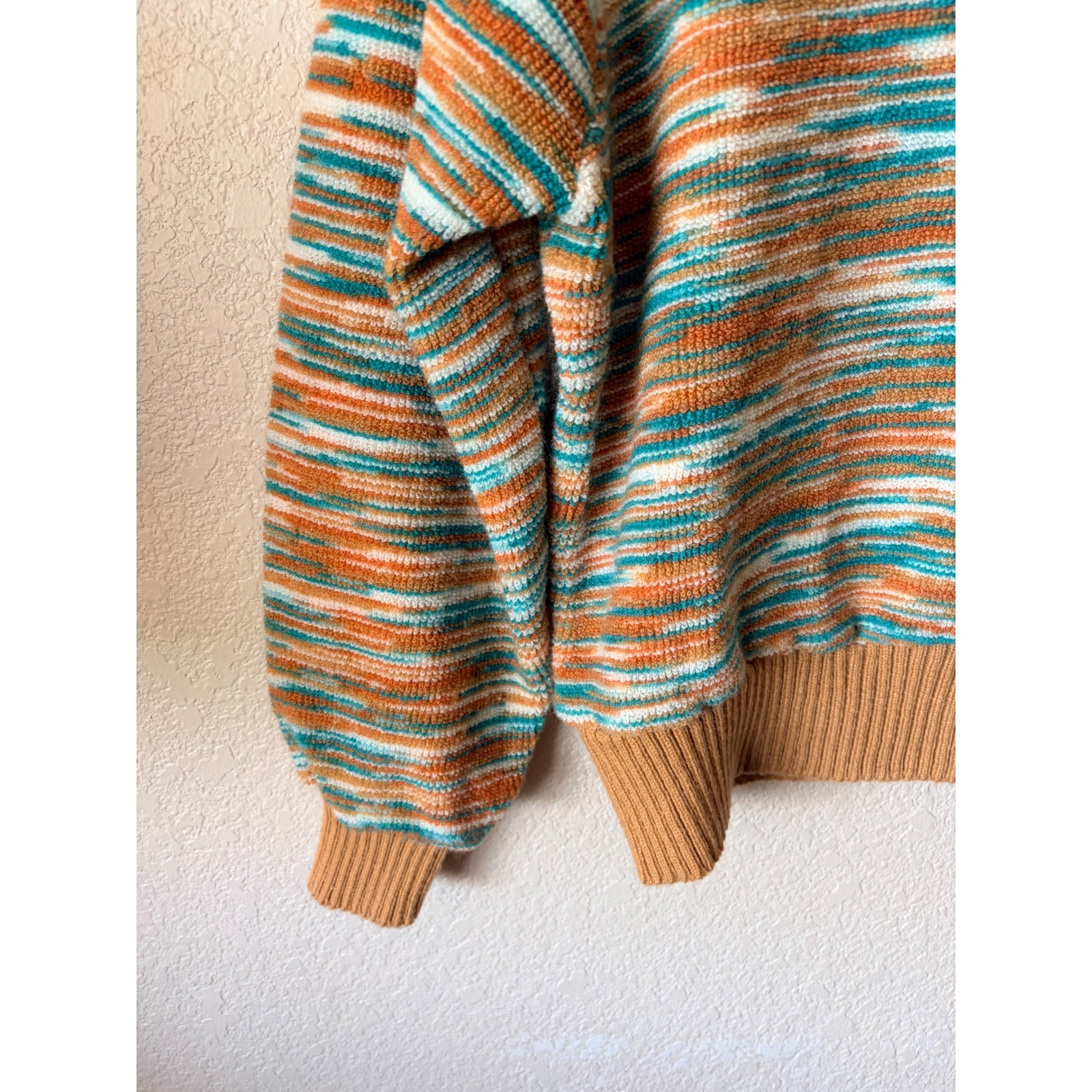 Vintage Fashion Womens Space Dye Knit XS Sweater Tan Teal Crew Neck Ribbed Trim