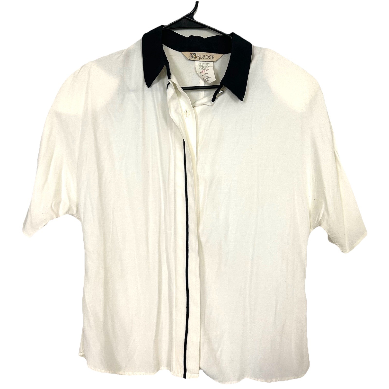 VTG Melrose White Black Contrast Blouse Size 14 Short Sleeve 80s 90s Rayon