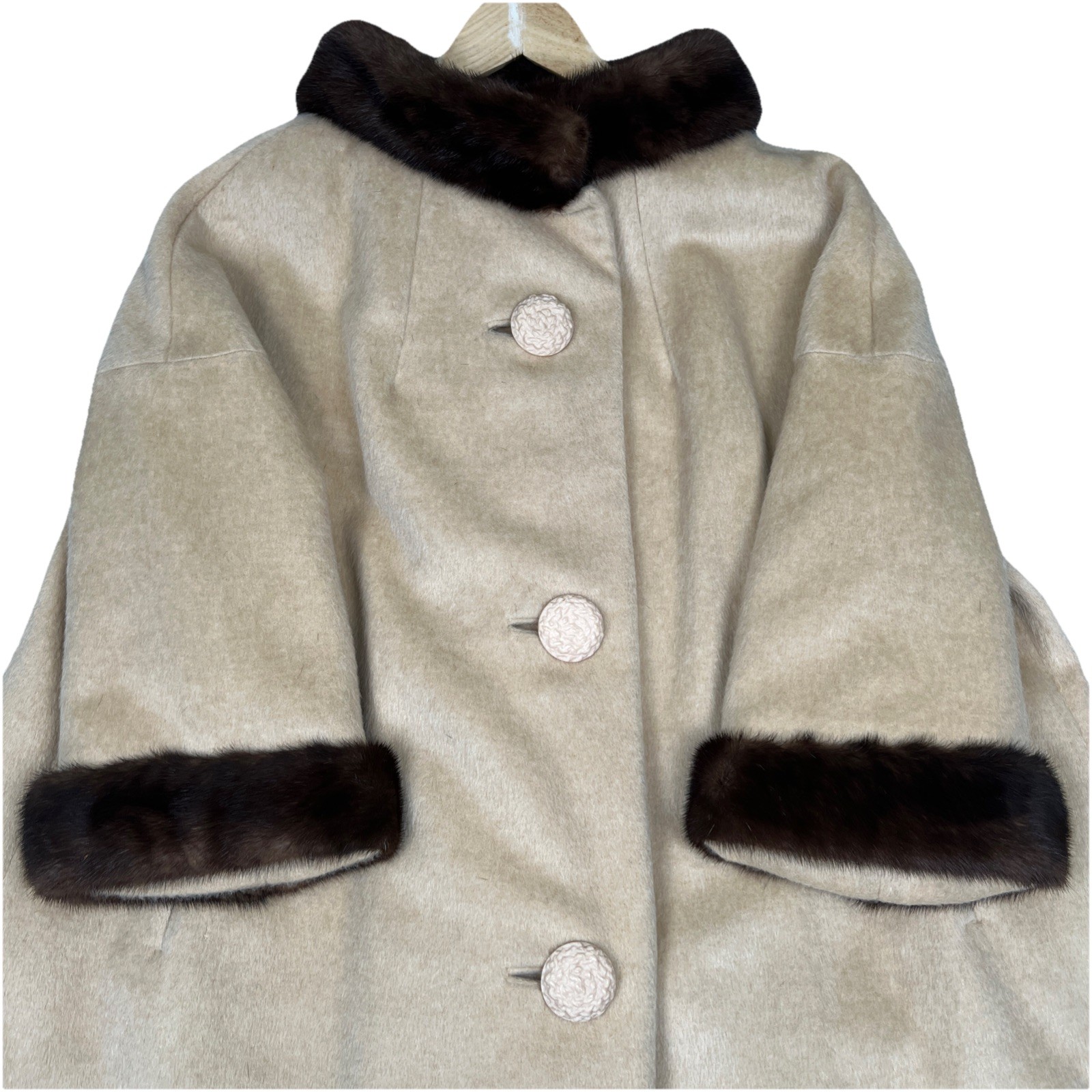 Vintage 50s SABELARI Taupe Camel Hair Tan MINK FUR Wedding Ring Collar Coat