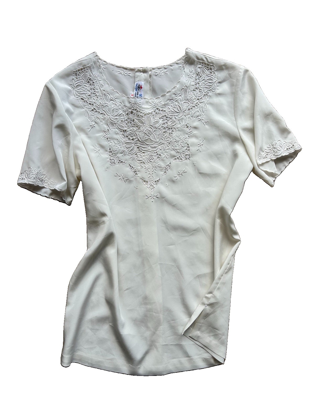 Rose Blouse Shirt Top White Back Button Floral S 80s Hand Embroidered Romantic