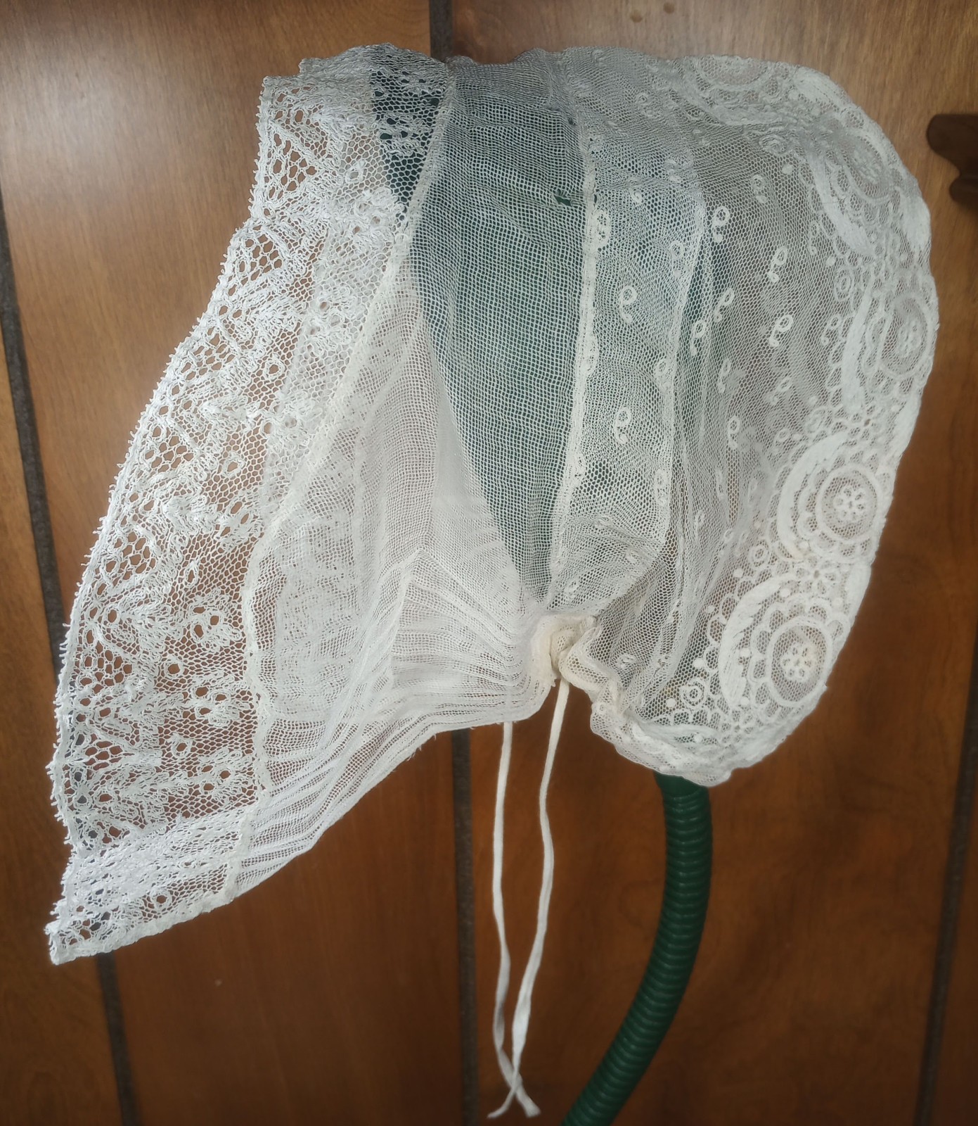 ANTIQUE Victorian Appliquéd LACE BONNET Fine Mesh Net