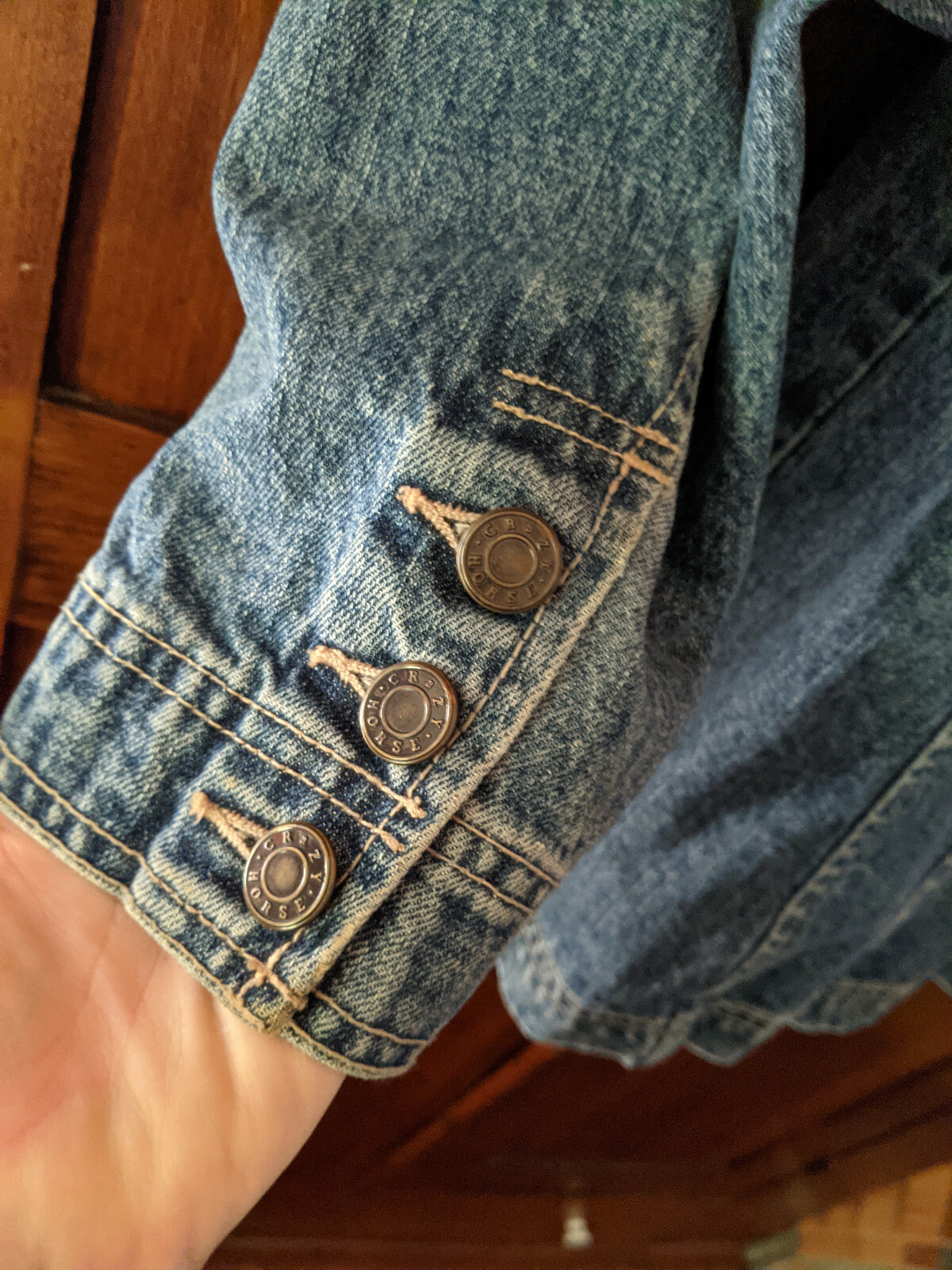 Crazy Horse Woman’s Denim Jacket, Narrow Standup Collar, Four Pockets, Large