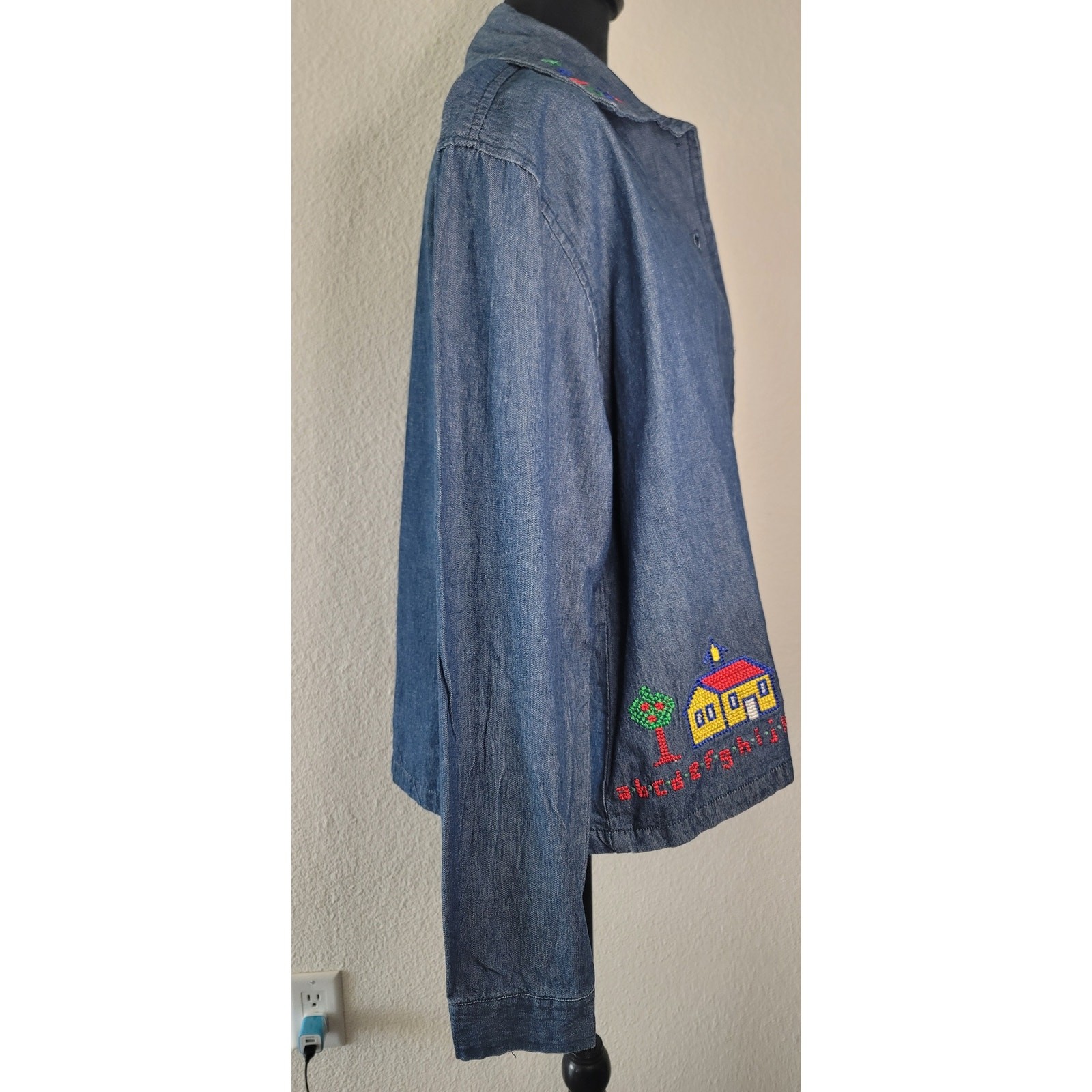 NWT Vintage TagWear Embroidered Teacher Button Up Denim Shirt Size M to 2XL