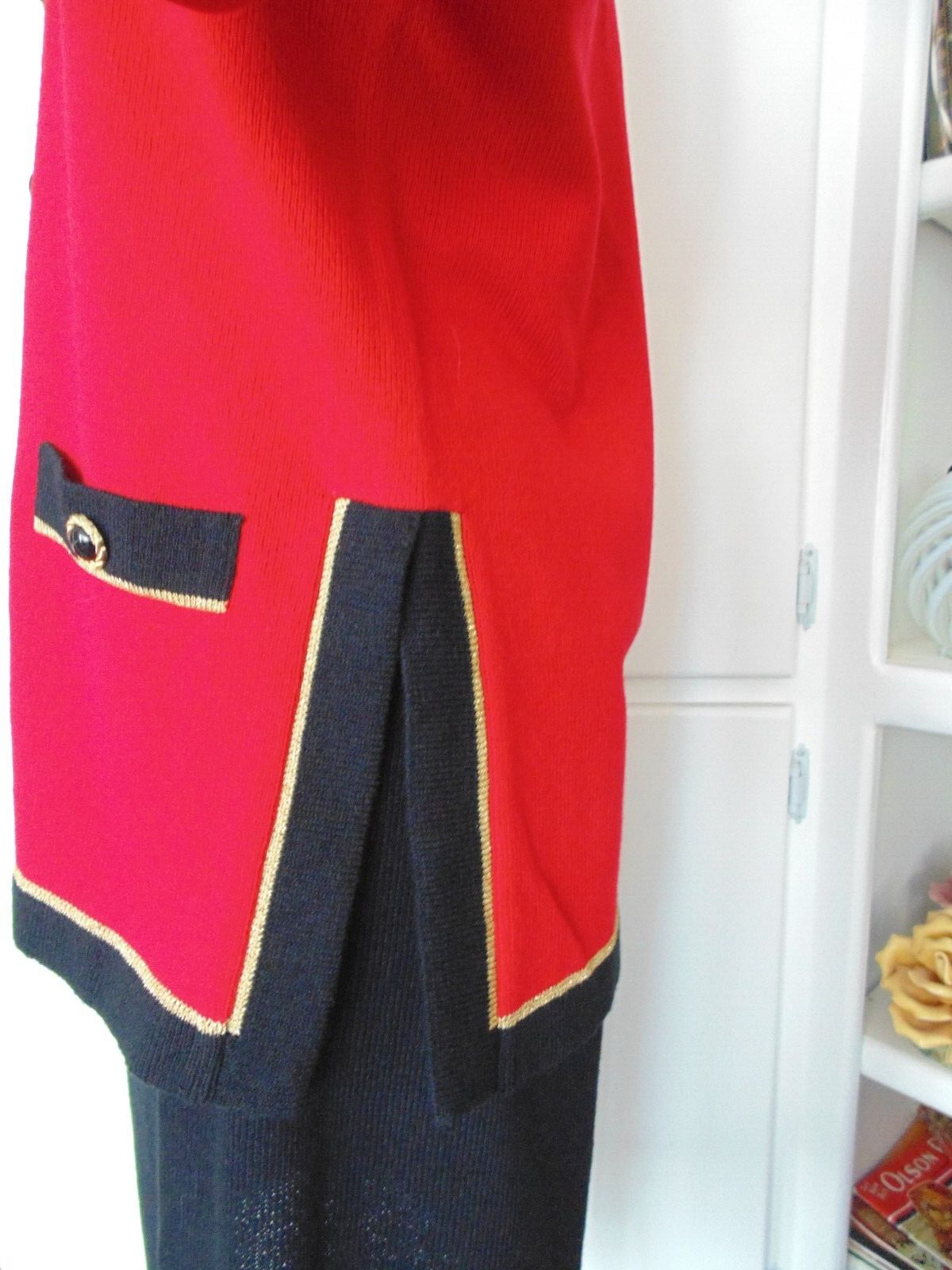 Vtg Laura Alyzia Sweater Knit Power Suit Blazer Skirt 2 Pc Set Red Black sz 12