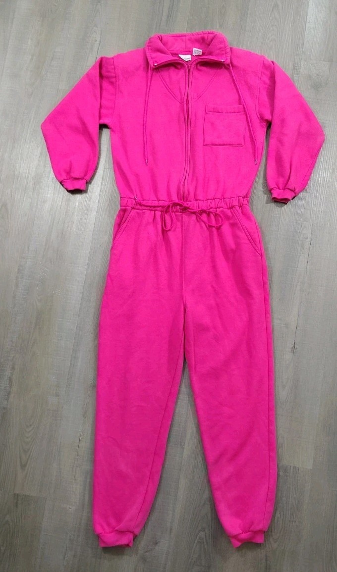 VTG 80s MacPherson Hot Pink Fleece Jumpsuit S One Piece Track Sweatsuit Flight