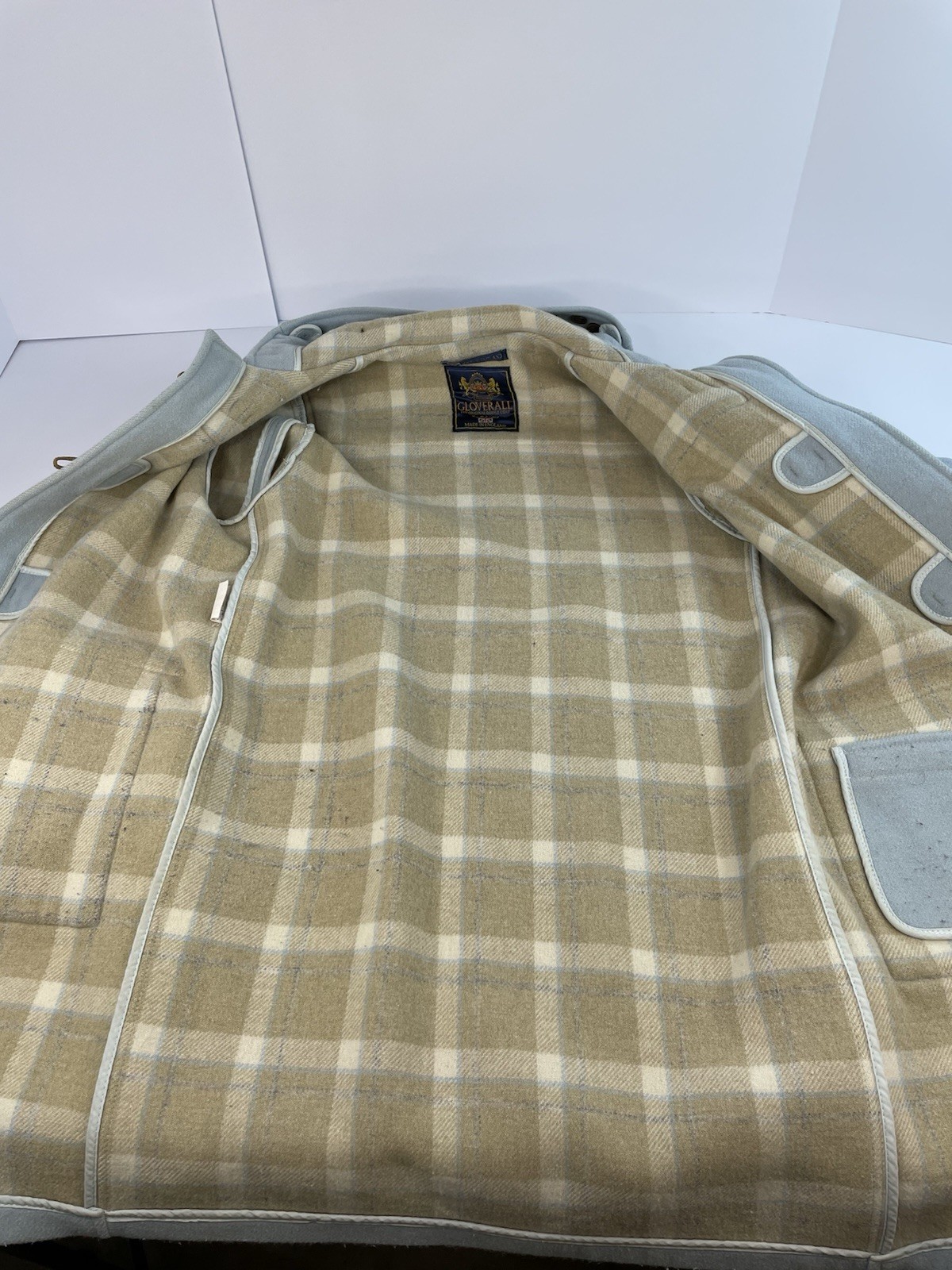Vintage Gloverall Powder Blue Wool Duffle Coat Womens Sz 8 Hooded Toggle FLAWS