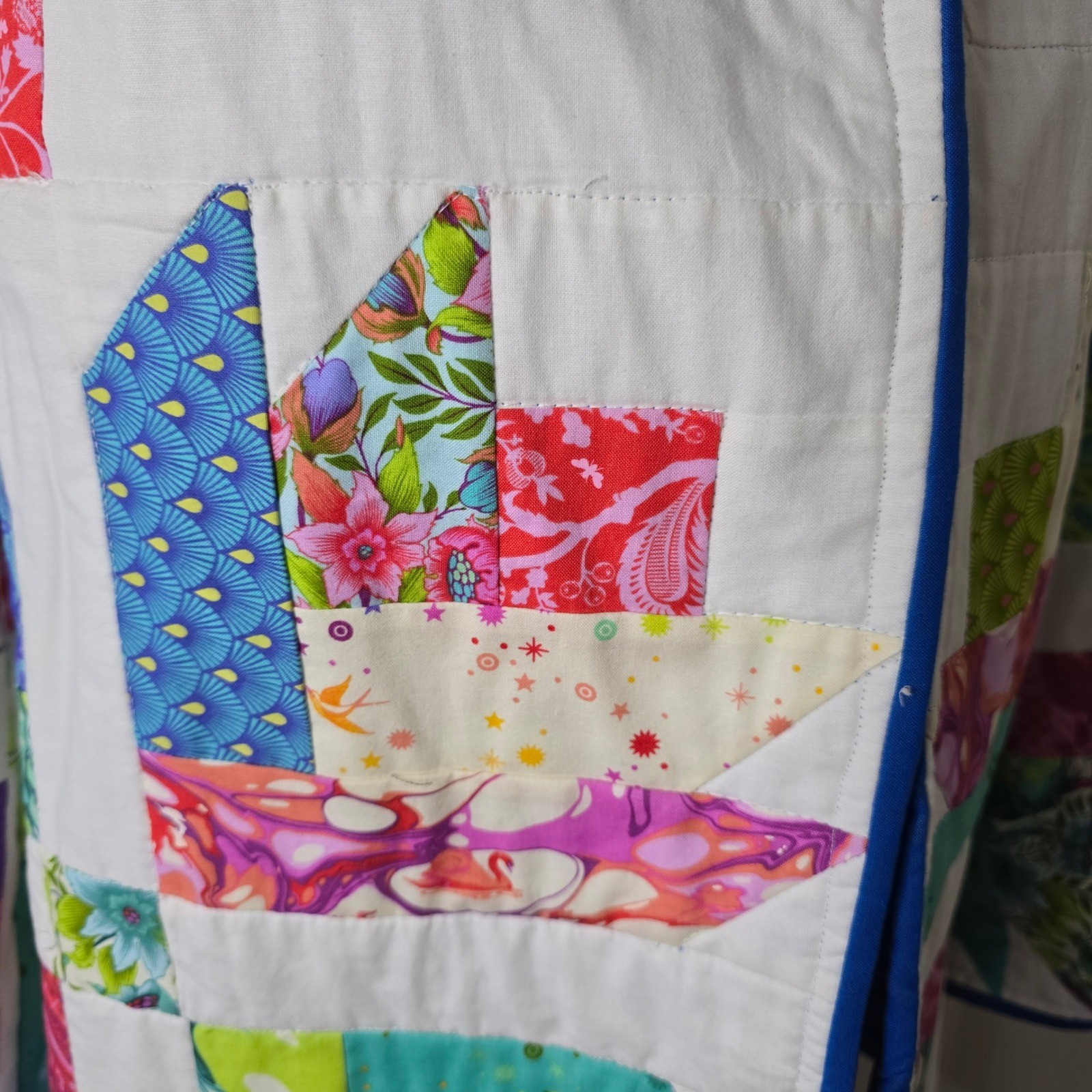 One of a kind blue multi colored handmade quilt coat OS