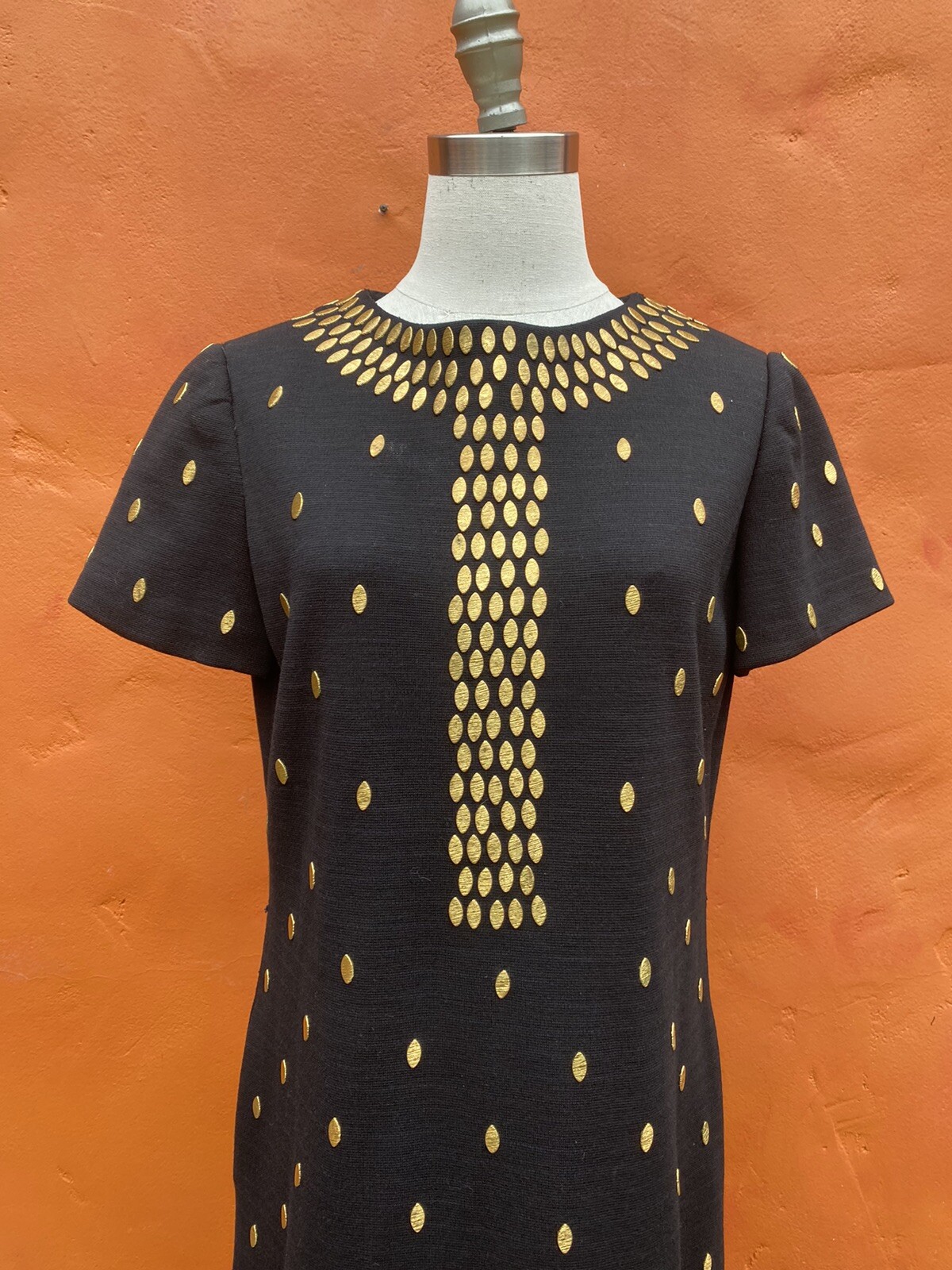 Vintage 1960s Mod Wool Sheath Dress Black Gold Metal Beaded Carlye pockets