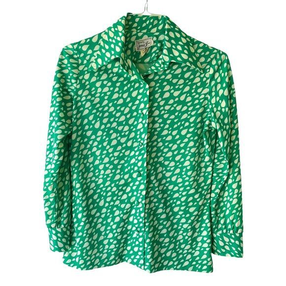 Trends By Jerrie Lurie Green and White Vintage 70s Button Up Top Medium