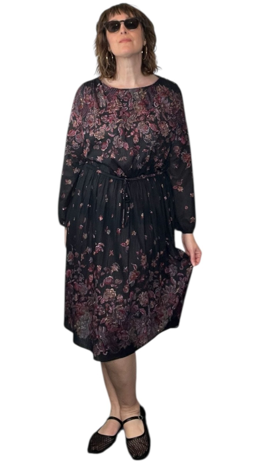 Vintage 1970s Malouf of Dallas Floral Midi Dress Long Sleeve Black Multicolor Me