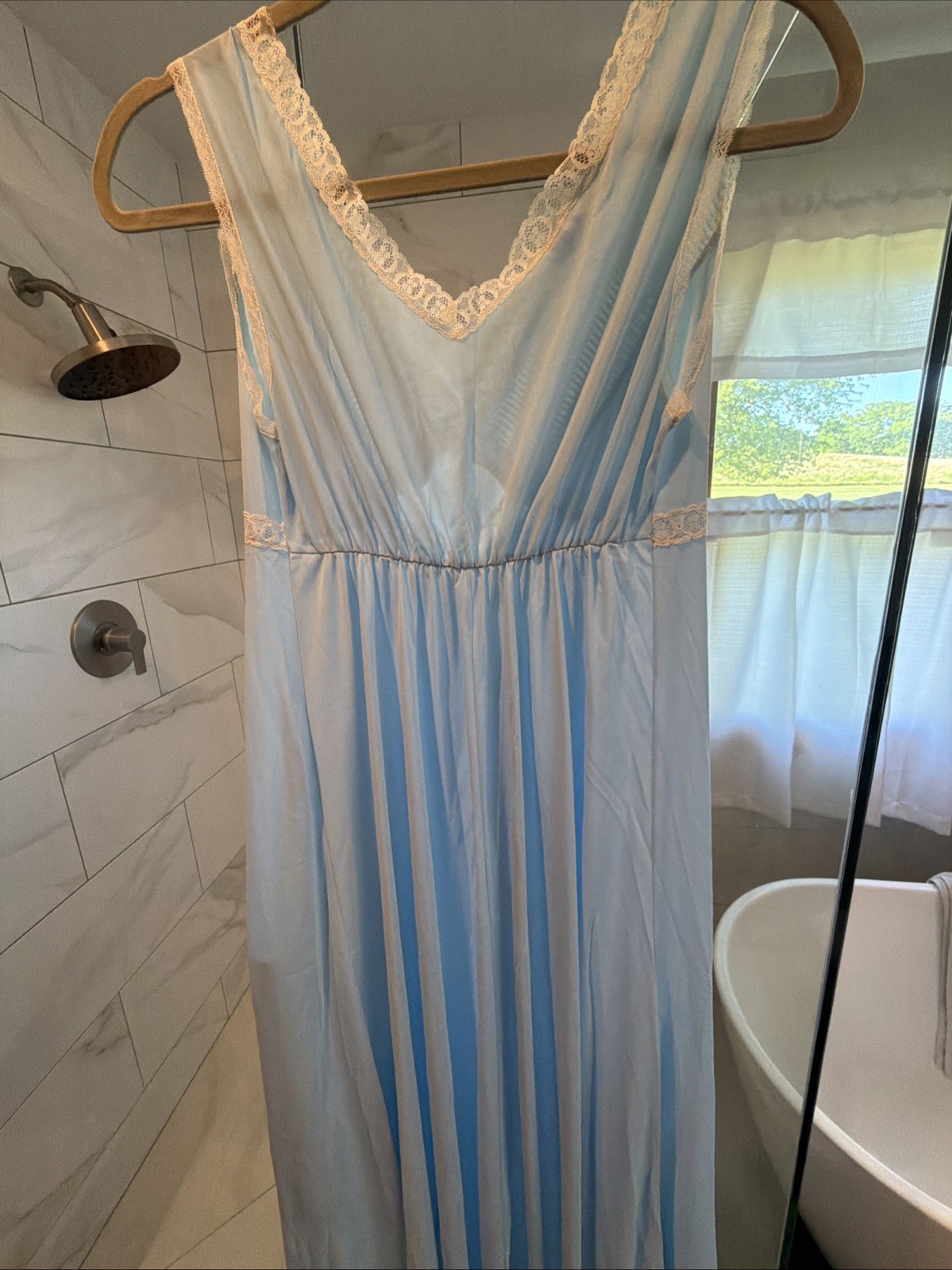 VTG I Do NYLON Lace Detail Baby Blue PEIGNOIR ROBE/NIGHTGOWN 2Pc SET Sz Small