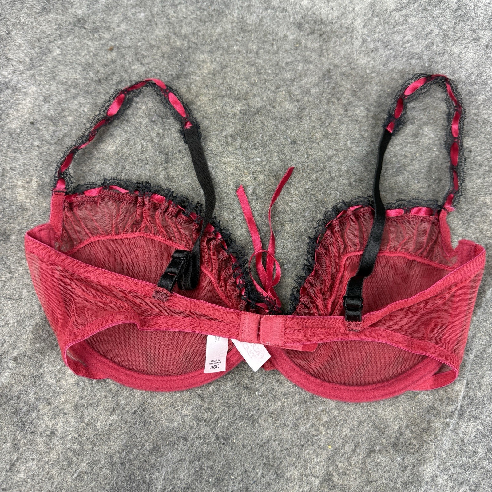 Vintage Victoria’s Secret 36C Bra Sexy Red Sheer Mesh Lace Ribbon Cups Y2K