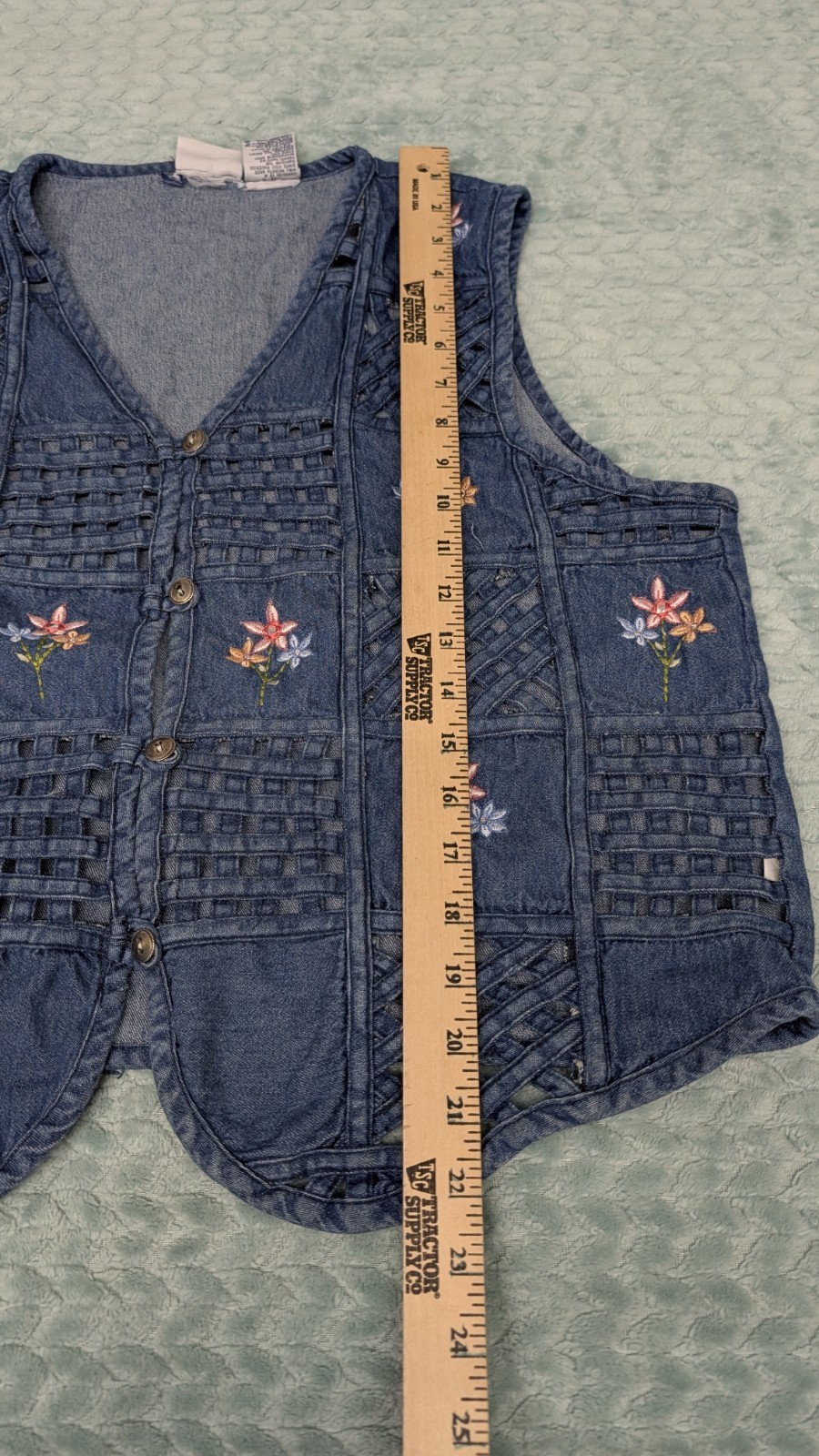 Vintage Bobbie Brooks Basket Weave Floral Embroidered Denim Vest Size Large