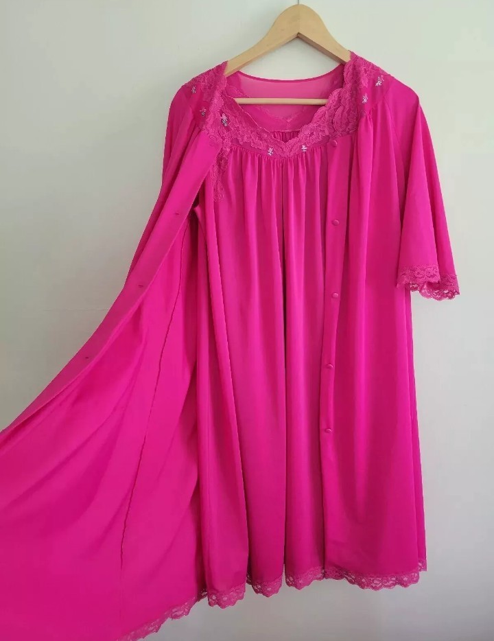 Vintage Bright Pink Shadowline Lingerie Gown & Robe 2 Piece Set Small/Med